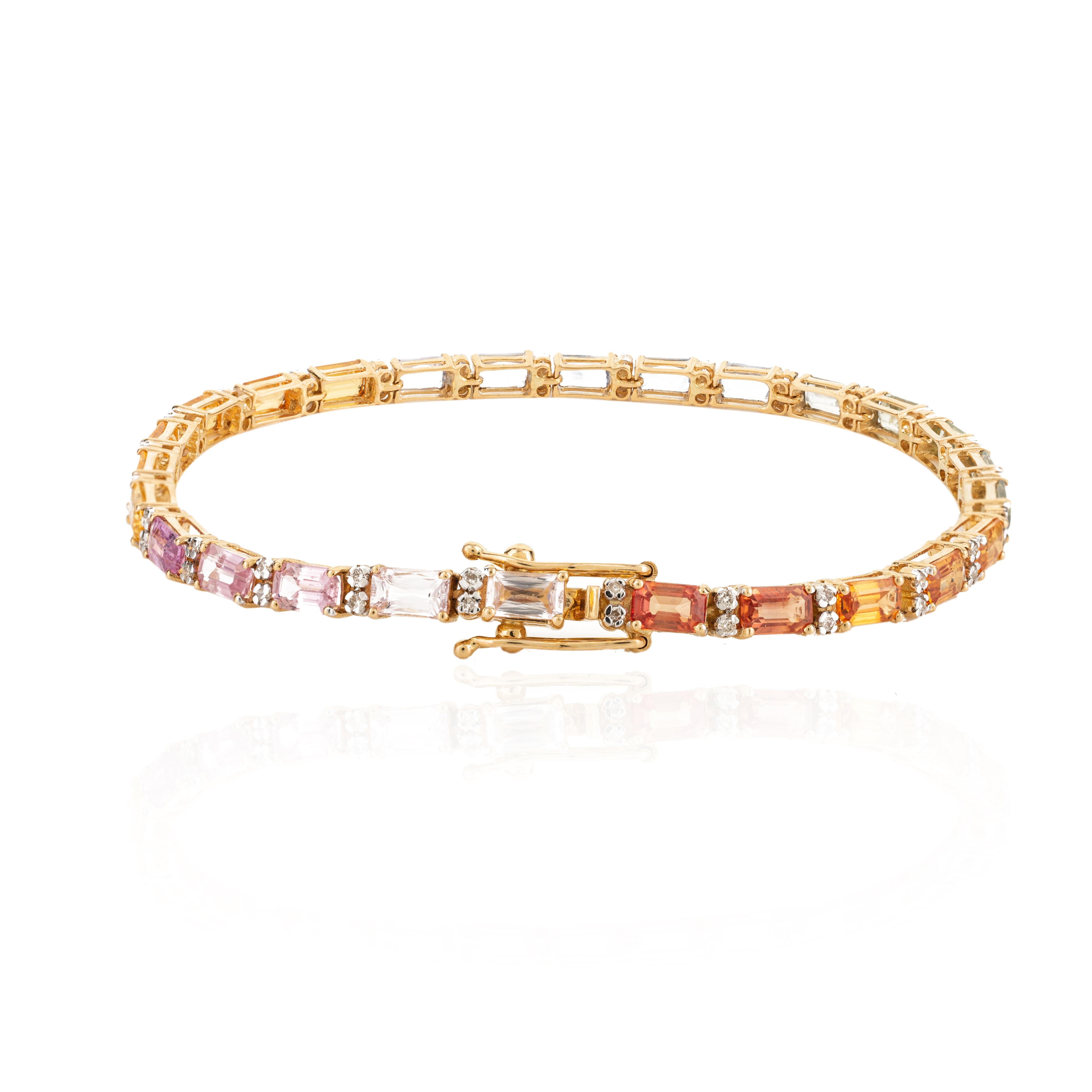 18 Karat Yellow Gold Precious Multi Sapphire and Diamond Tennis Bracelet In New Condition For Sale In Houston, TX