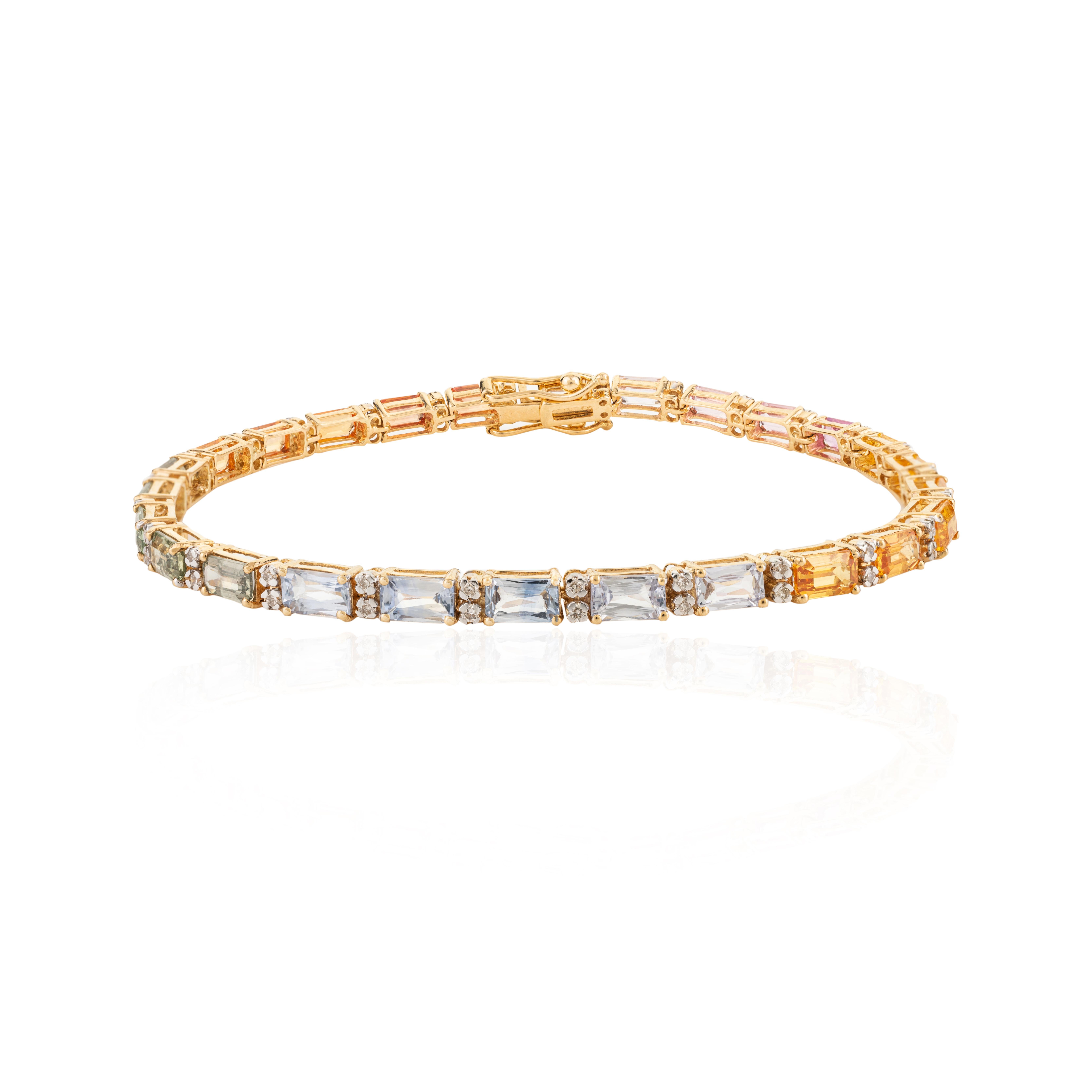 Women's 18 Karat Yellow Gold Precious Multi Sapphire and Diamond Tennis Bracelet For Sale