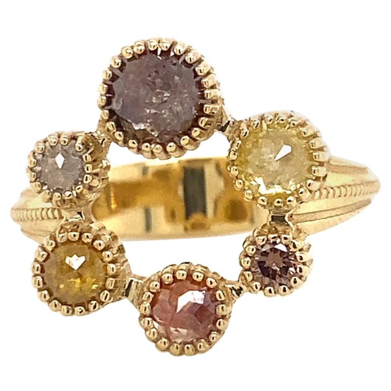 18 Karat Yellow Gold Multi-Color Rosecut and Full Cut Diamond Rose Ring