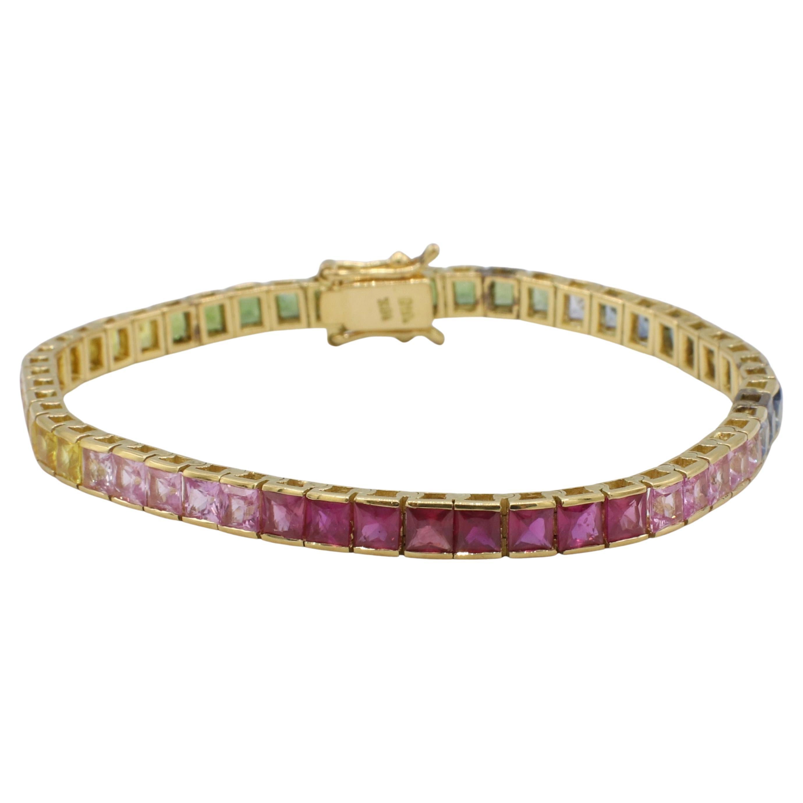 Pulsera Línea Tenis Zafiro Multicolor Oro Amarillo 18 Kilates