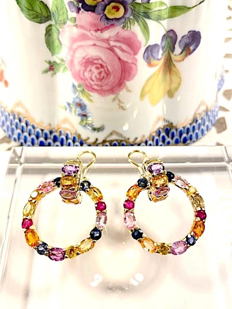 Women's 18 Karat Yellow Gold Multi-Color Sapphire Hoop Earring For Sale