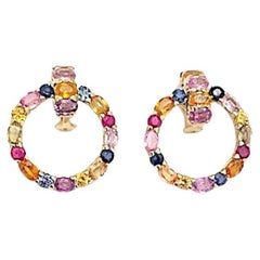 18 Karat Yellow Gold Multi-Color Sapphire Hoop Earring