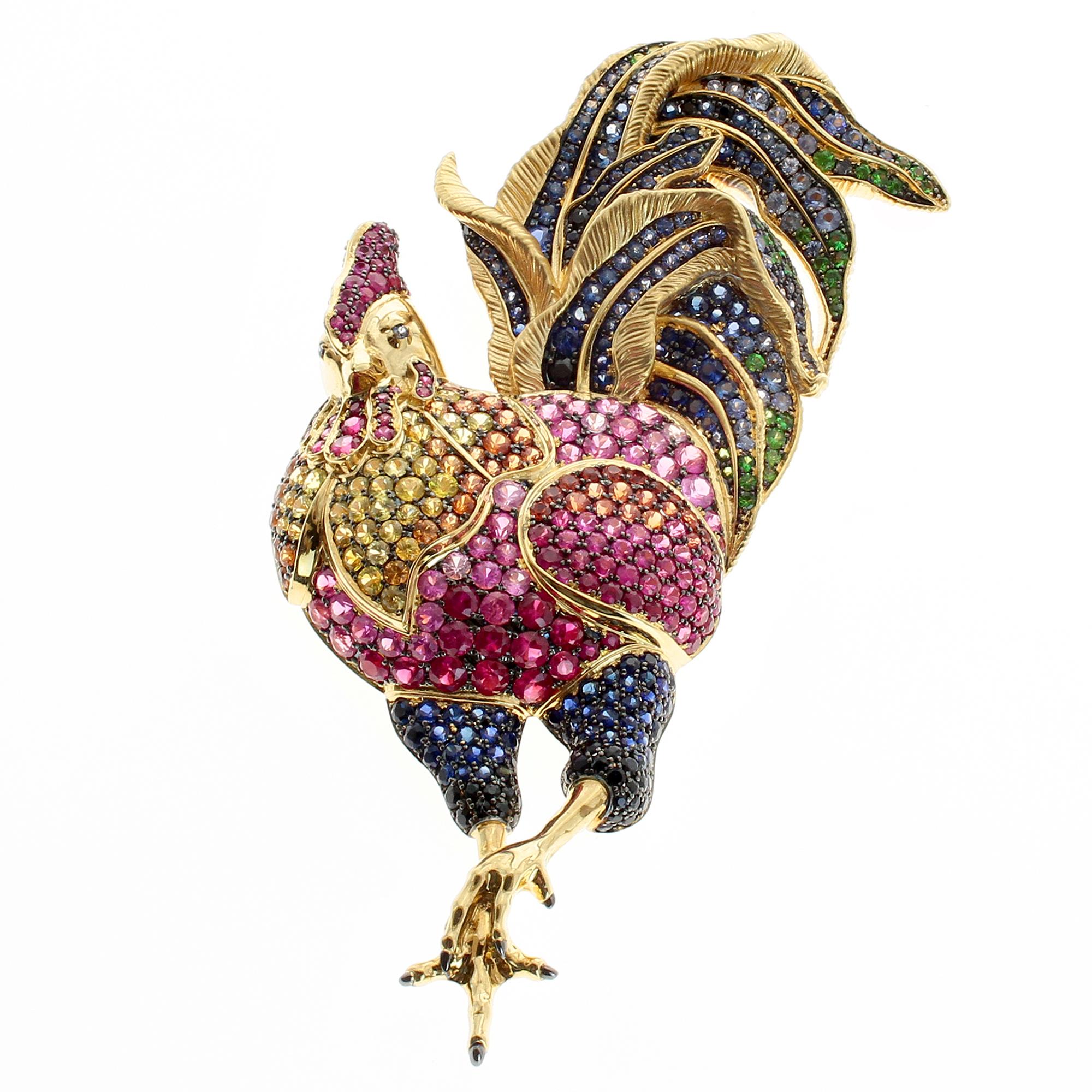 Multi-Color Sapphire 18 Karat Yellow Gold Rooster Brooch For Sale