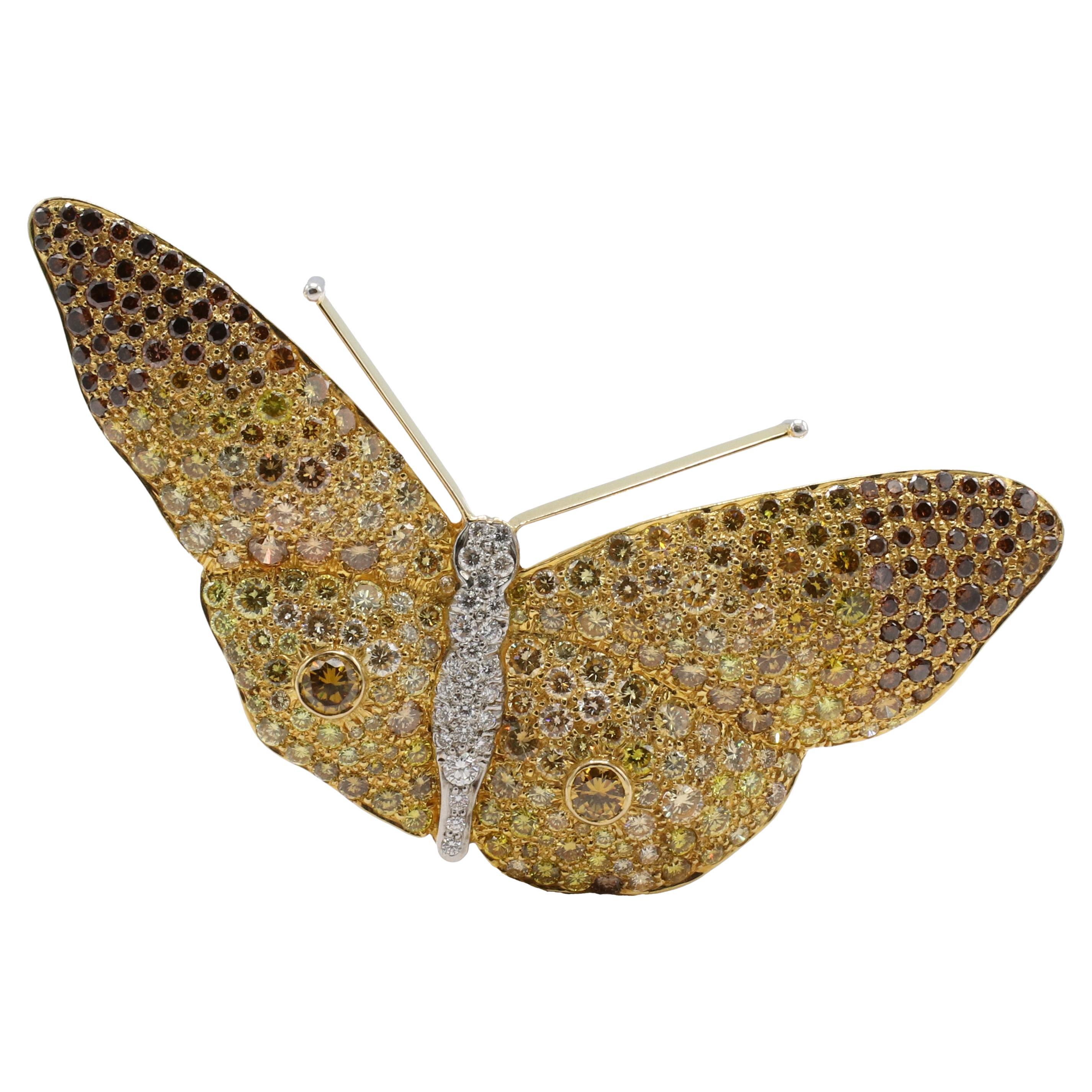 18 Karat Yellow Gold Multi Colored Natural Diamond Butterfly Brooch Pin