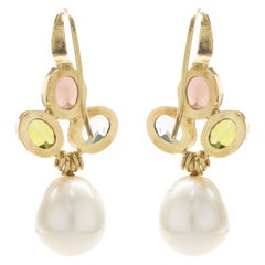 18 Karat Yellow Gold Multi Colored Gemstone and South Sea Pearl Drop Earrings
