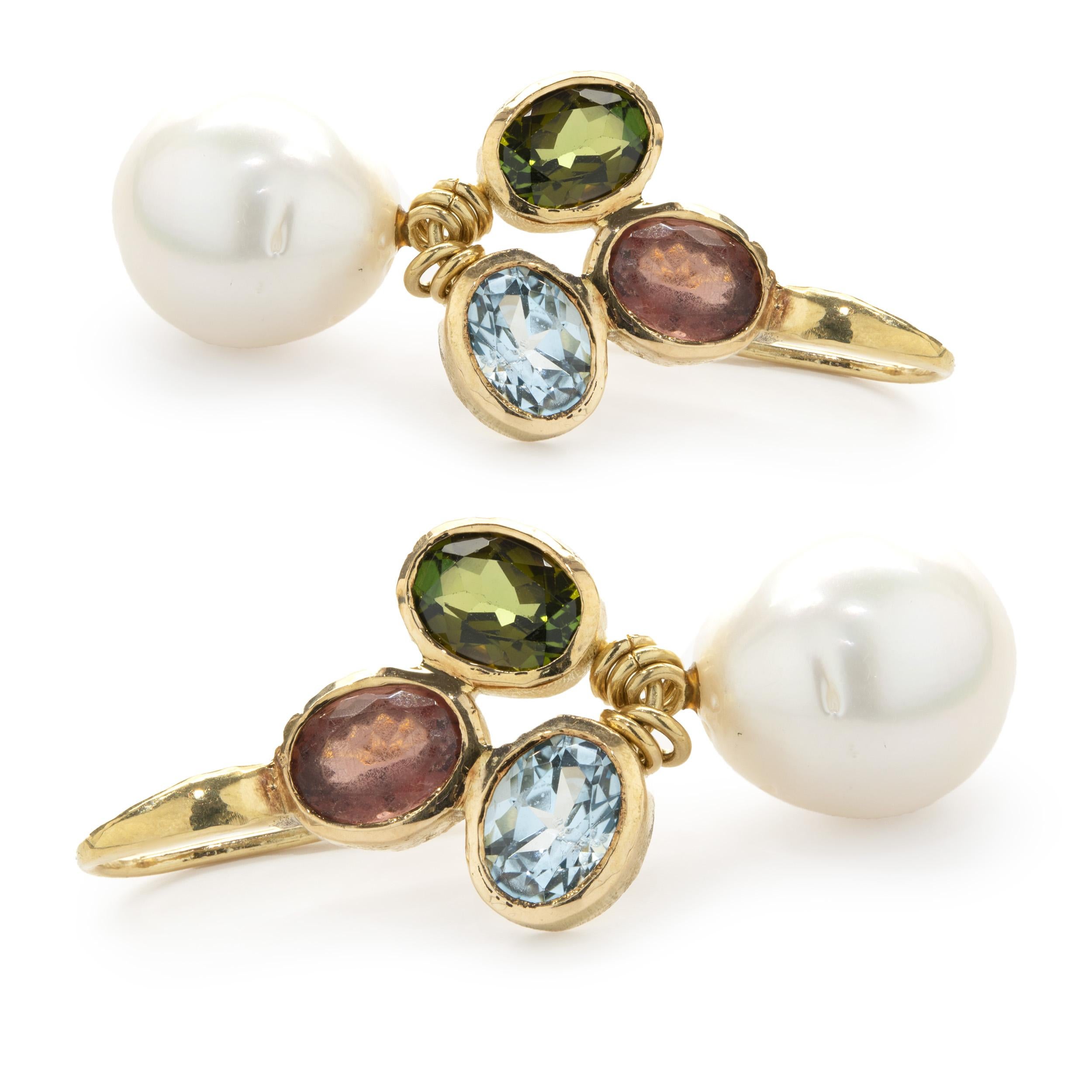 Uncut 18 Karat Yellow Gold Multi Colored Gemstone and South Sea Pearl Drop Earrings For Sale
