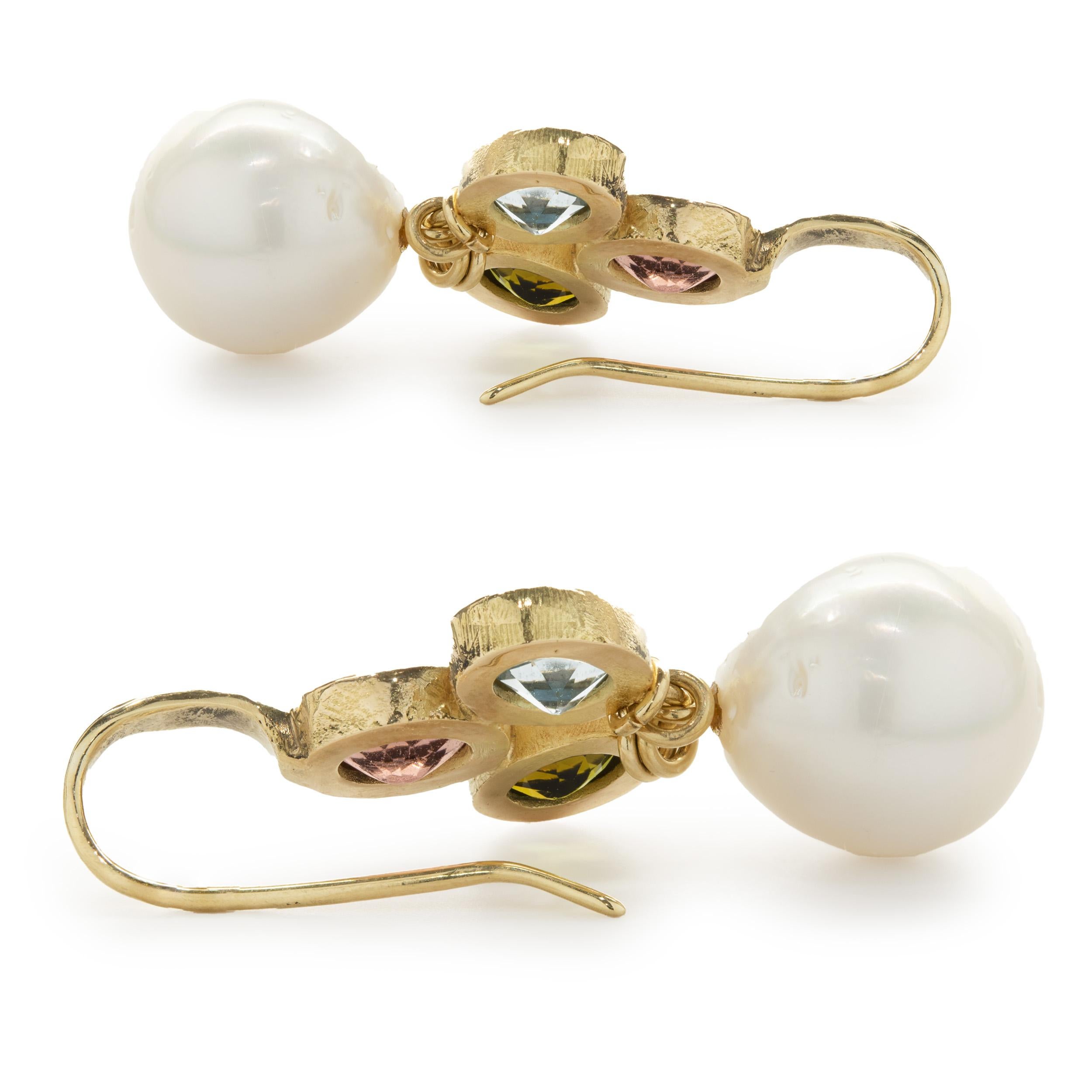 18 Karat Yellow Gold Multi Colored Gemstone and South Sea Pearl Drop Earrings In Excellent Condition For Sale In Scottsdale, AZ