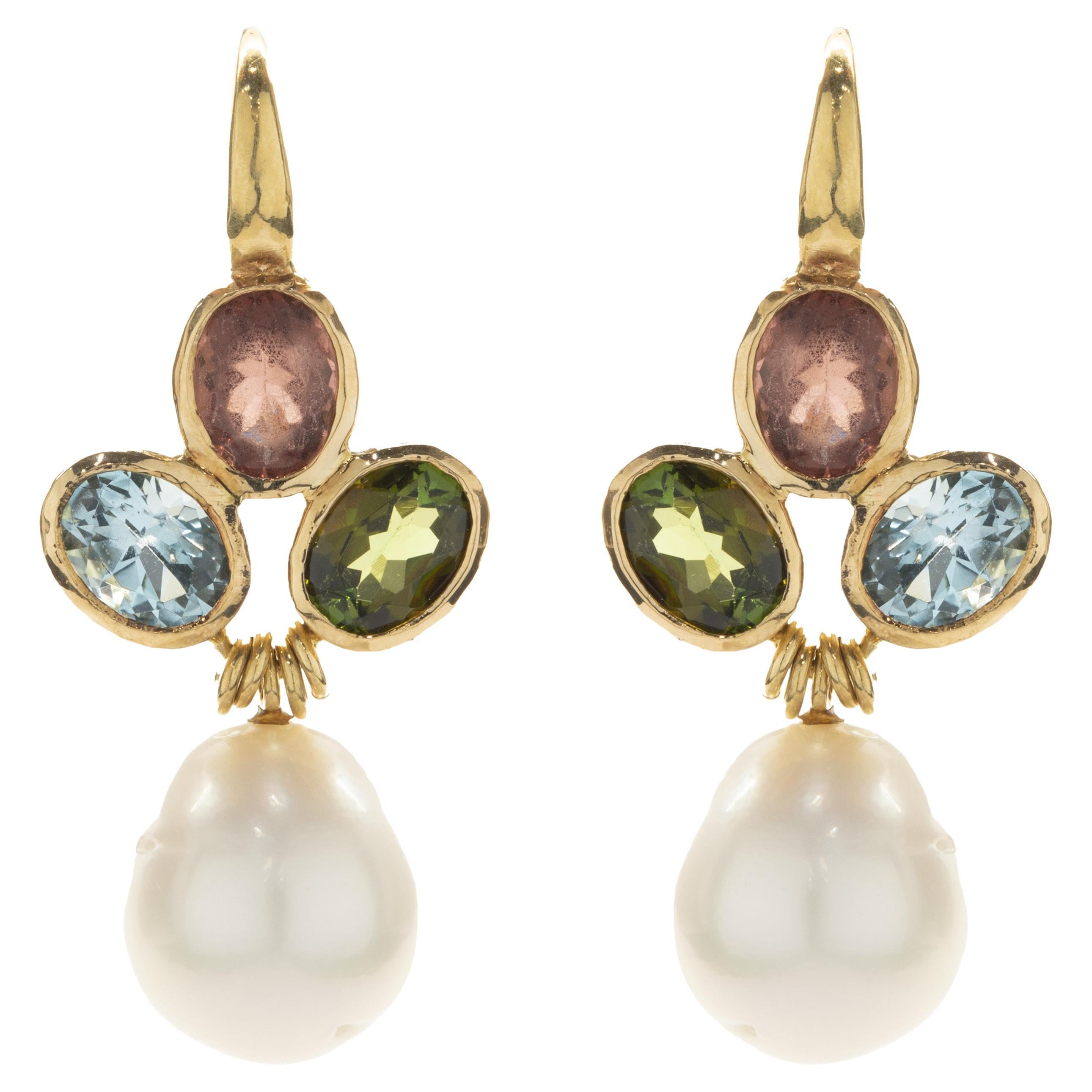 18 Karat Yellow Gold Multi Colored Gemstone and South Sea Pearl Drop Earrings For Sale