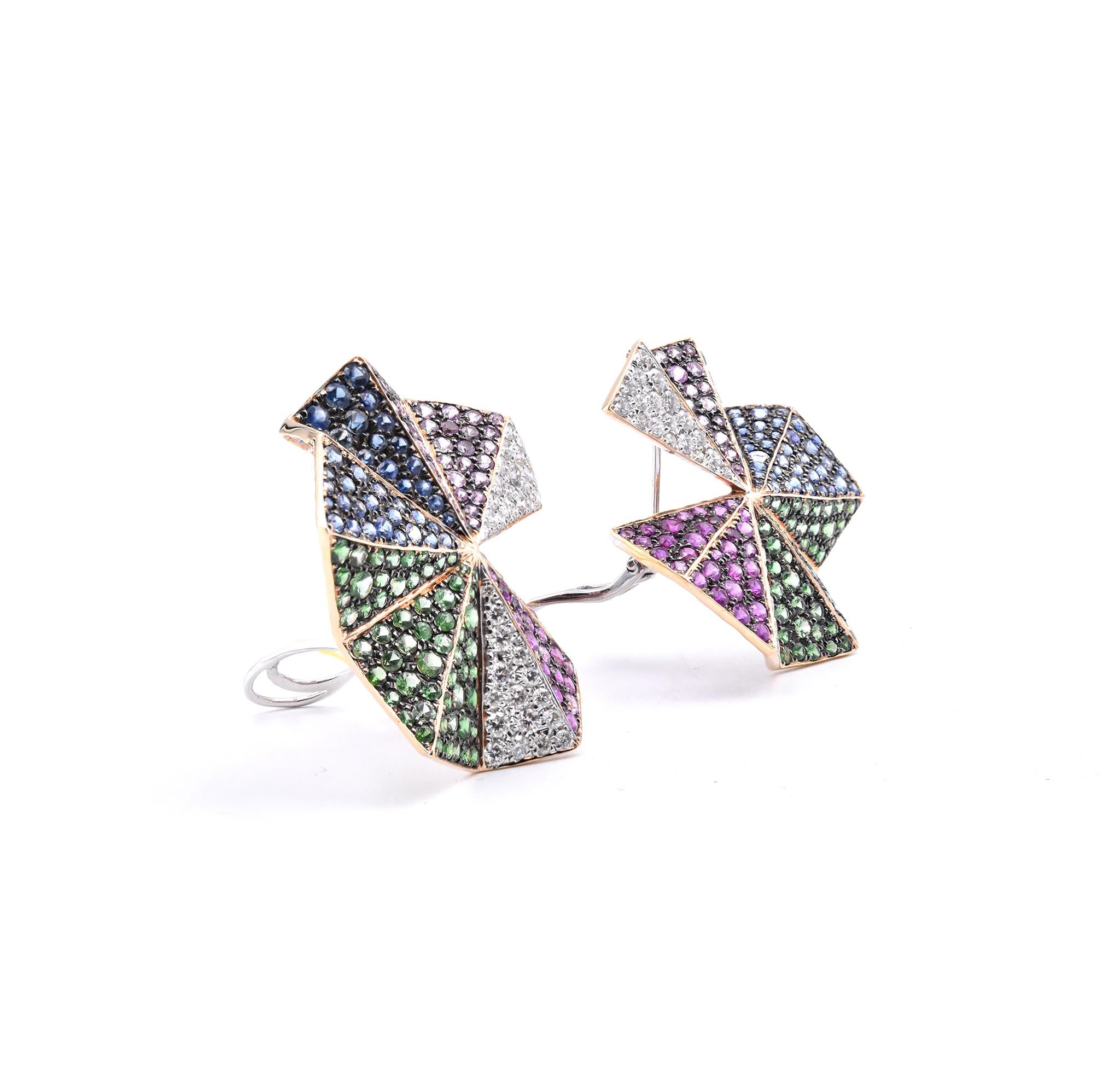 Material: 18K yellow gold
Sapphire: 7.76cttw round cut 
Color: Natural Green, Blue, Purple, Pink
Diamonds: 1.75cttw round cut
Color: G
Clarity: VS
Dimensions: earrings measure 38.3mm long
Fastenings: post with omega back
Weight:  25.07 grams