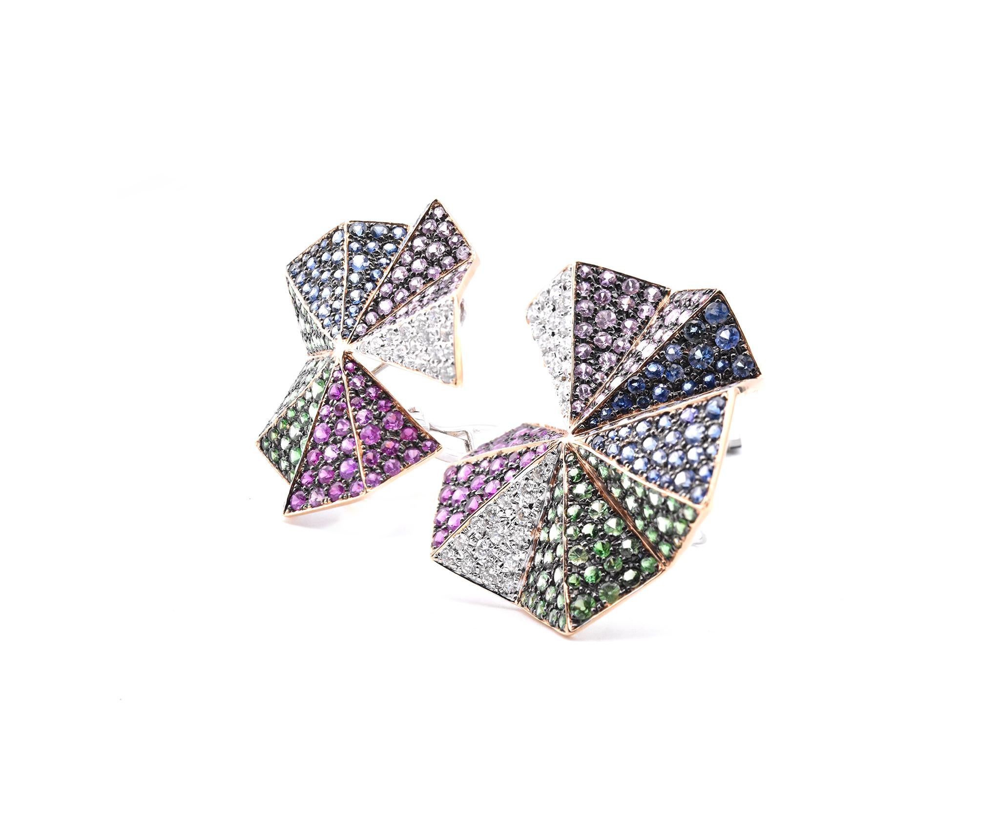 Round Cut 18 Karat Yellow Gold Multicolored Sapphire and Diamond Fan Earrings For Sale