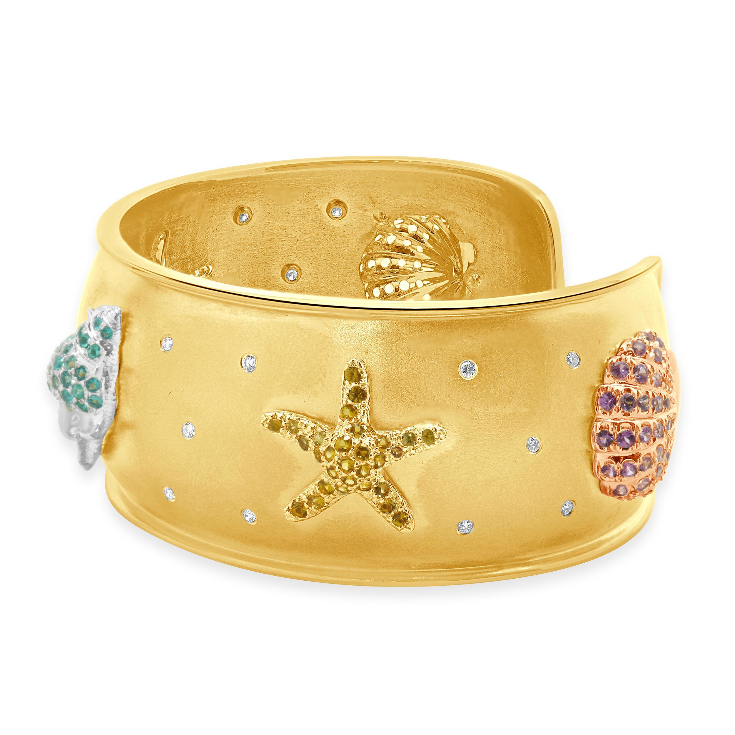 Round Cut 18 Karat Yellow Gold Multi Colored Sapphire and Diamond Sea Life Cuff Bracelet For Sale