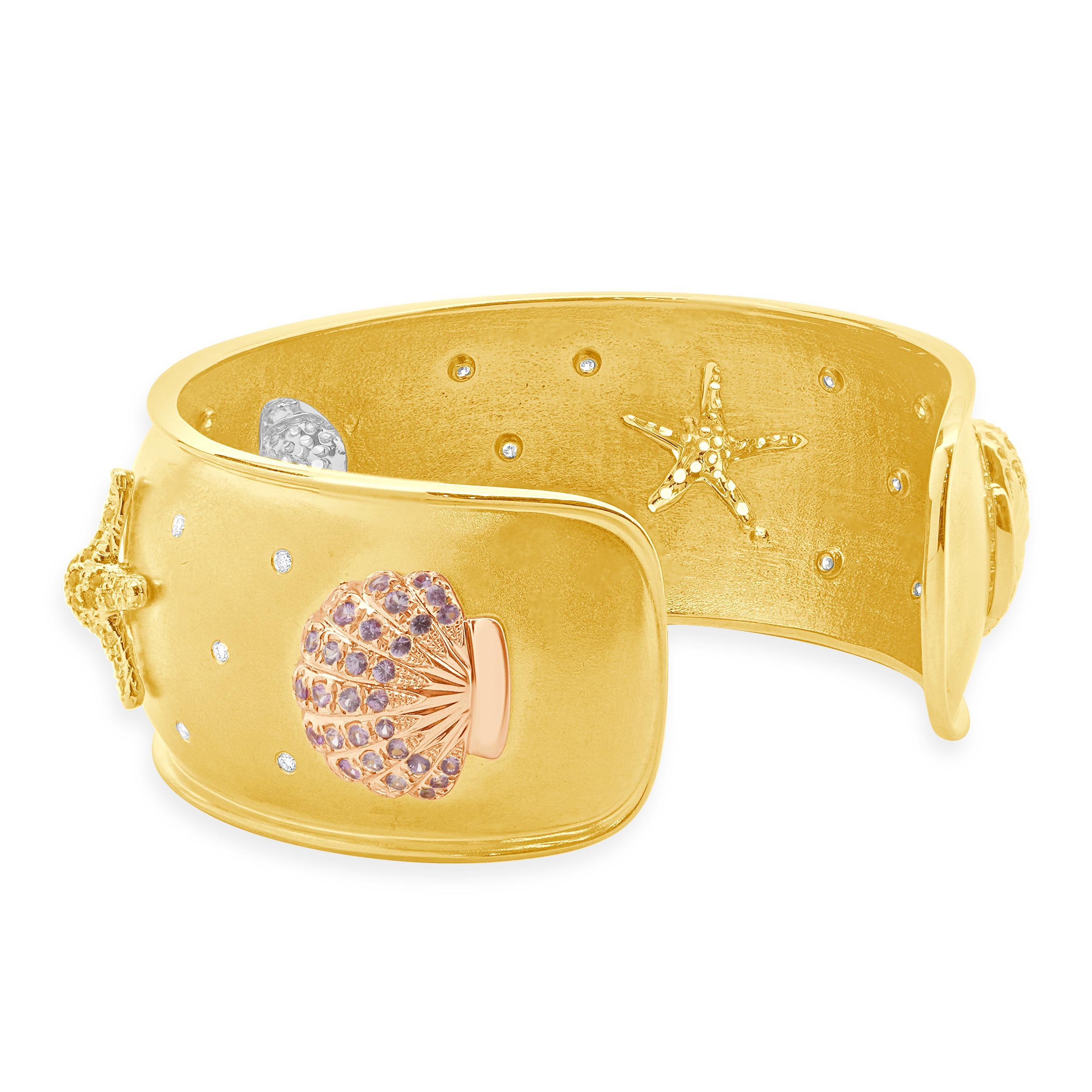 18 Karat Yellow Gold Multi Colored Sapphire and Diamond Sea Life Cuff Bracelet In Excellent Condition For Sale In Scottsdale, AZ