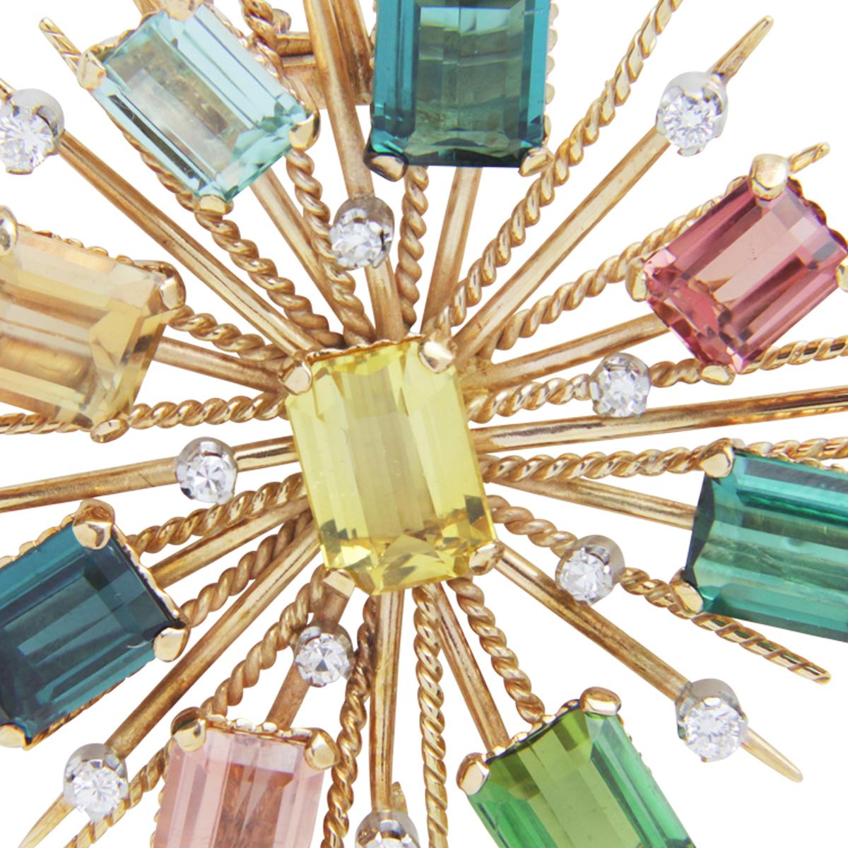 Emerald Cut 18 Karat Yellow Gold, Multi Coloured Tourmaline & Diamond Pendant Brooch For Sale