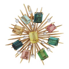 Vintage 18 Karat Yellow Gold, Multi Coloured Tourmaline & Diamond Pendant Brooch