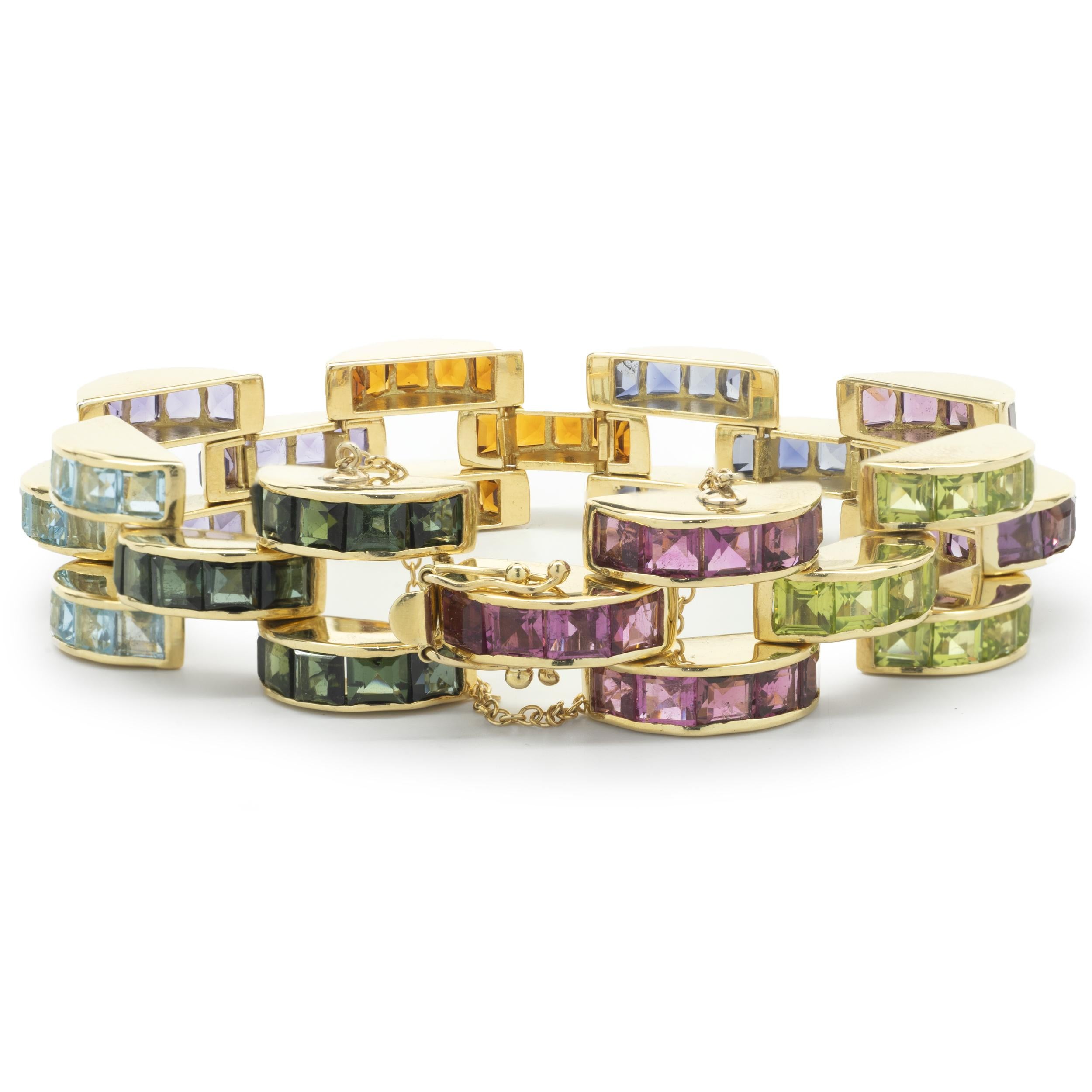 Princess Cut 18 Karat Yellow Gold Multi Gemstone Buckle Link Bracelet For Sale