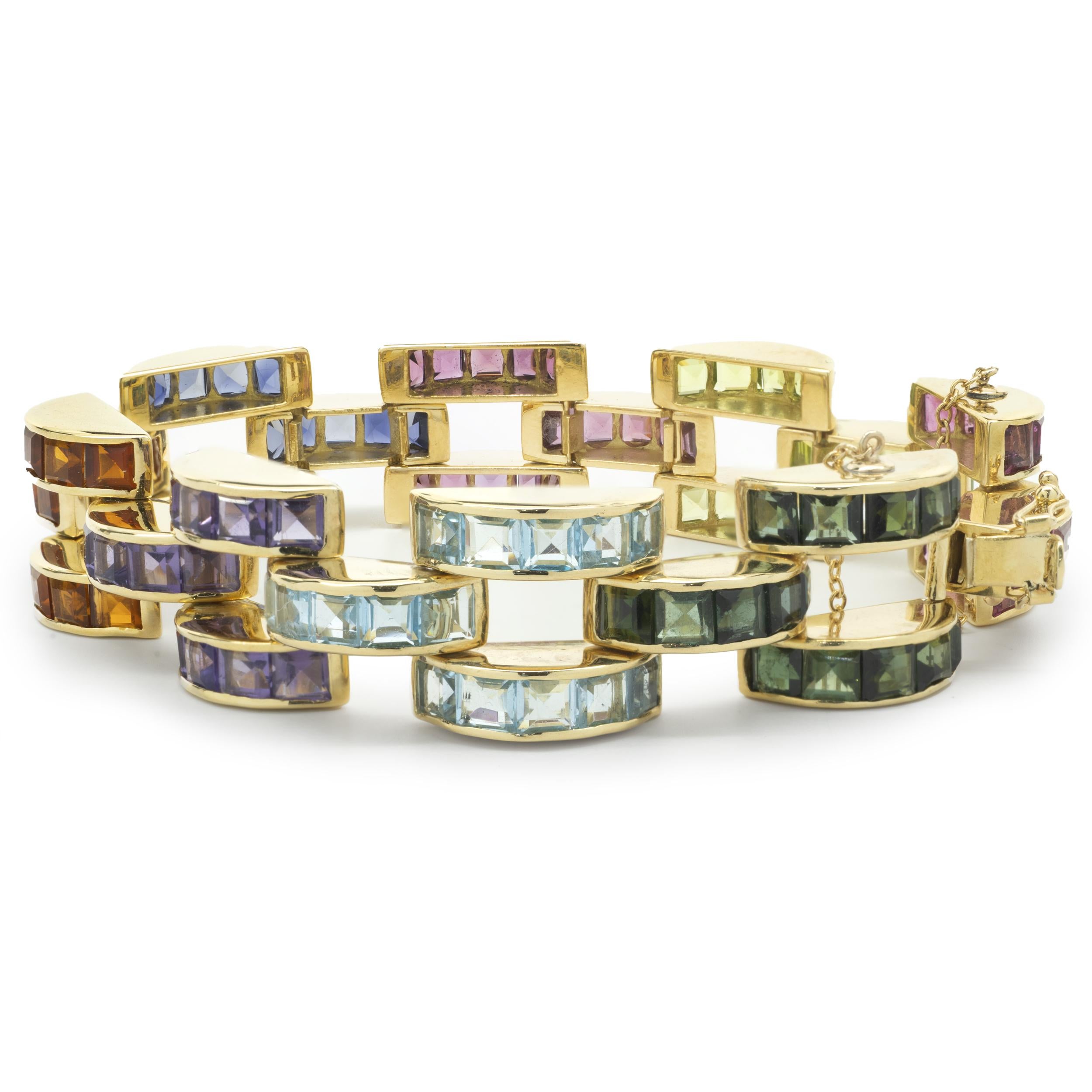 18 Karat Yellow Gold Multi Gemstone Buckle Link Bracelet In Excellent Condition For Sale In Scottsdale, AZ
