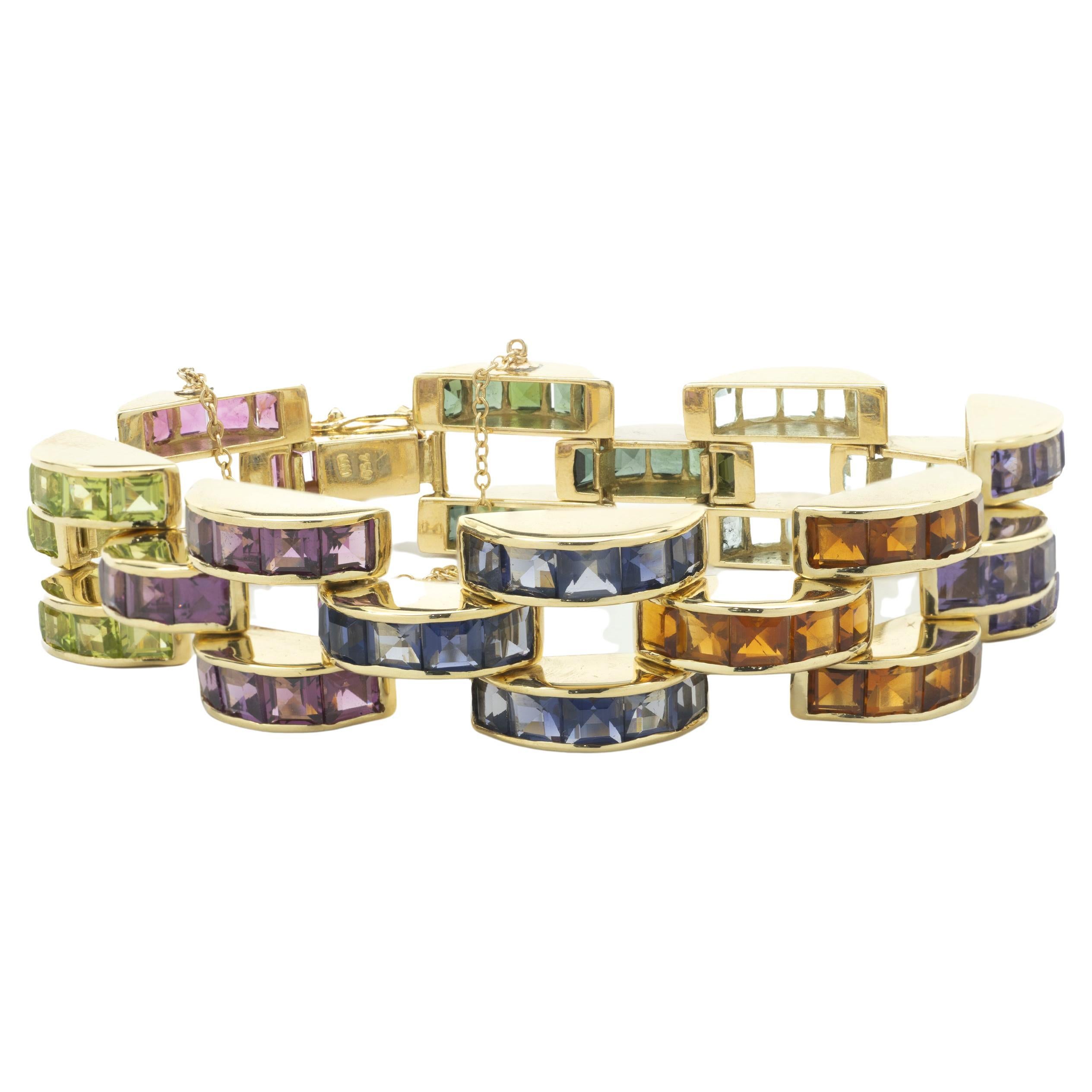 18 Karat Yellow Gold Multi Gemstone Buckle Link Bracelet For Sale