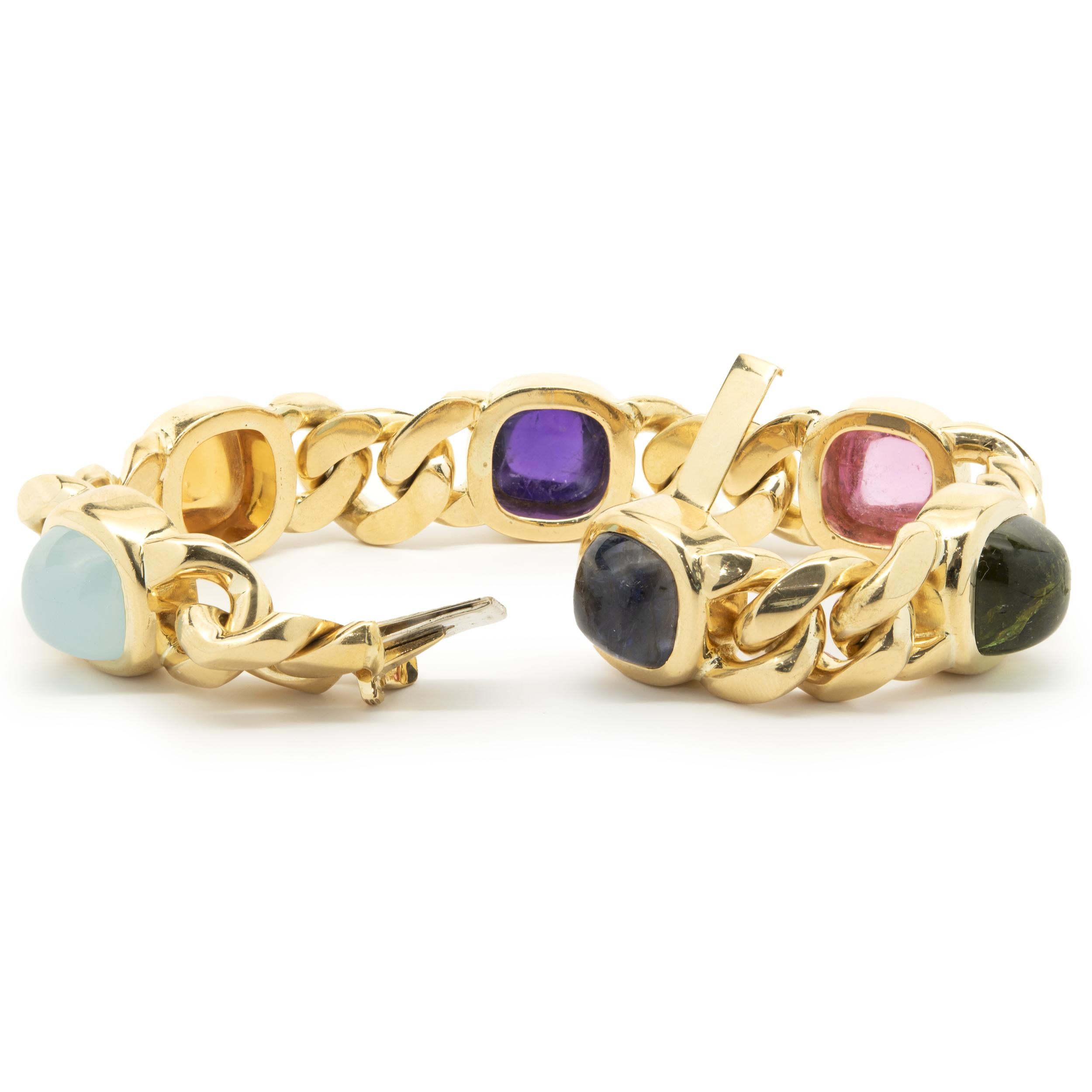 18 Karat Gelbgold Cuban Link Armband mit mehreren Edelsteinen im Cabachon-Schliff (Cabochon)