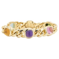 18 Karat Yellow Gold Multi Gemstone Cabachon Cut Cuban Link Bracelet