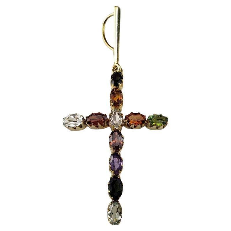 Multi Colored Gemstone Cross Necklace in 14k Yellow Gold For Sale at ...