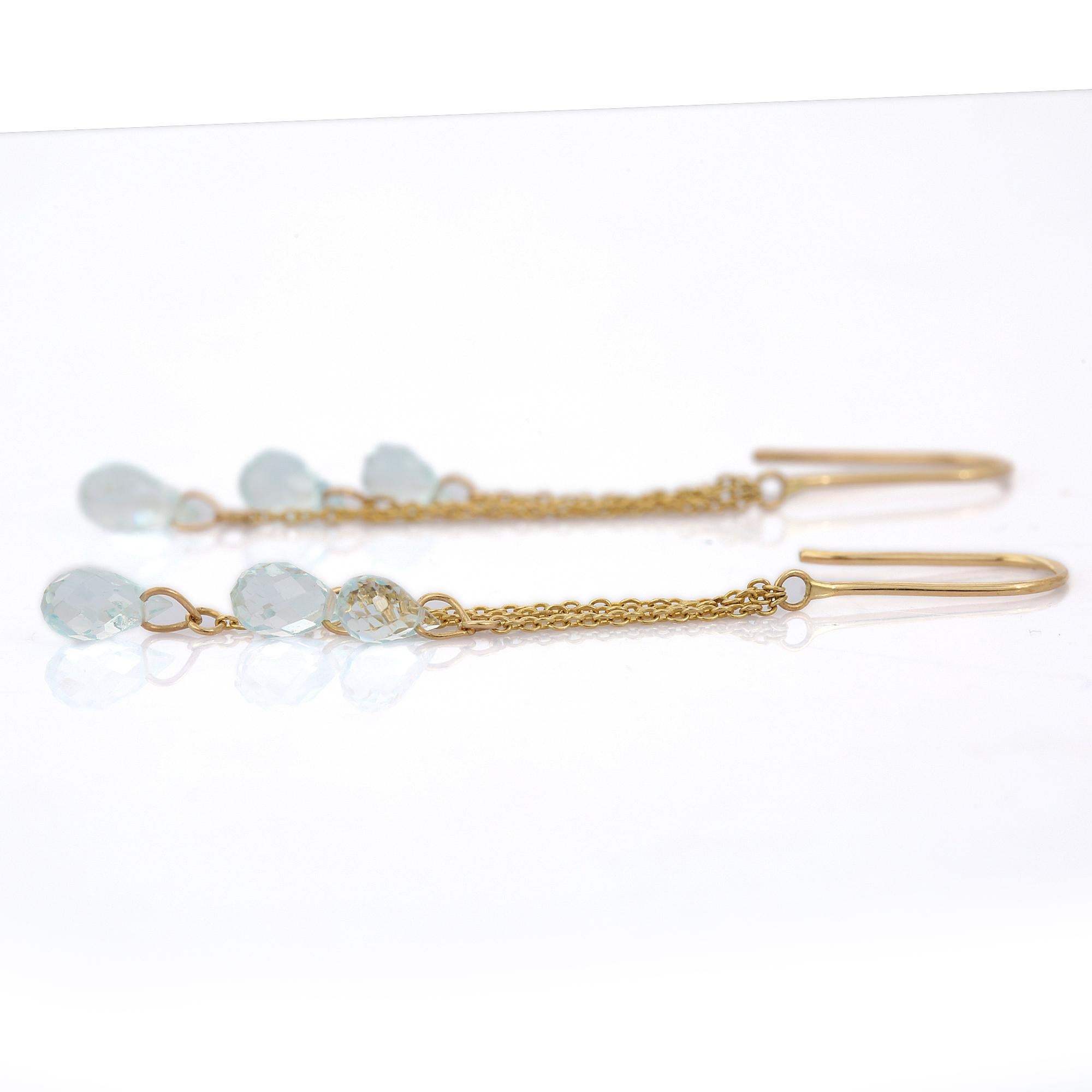 18 Karat Gelbgold Mehrschichtige Aquamarin-Ohrringe mit Kettentropfen im minimalistischen Stil (Moderne)