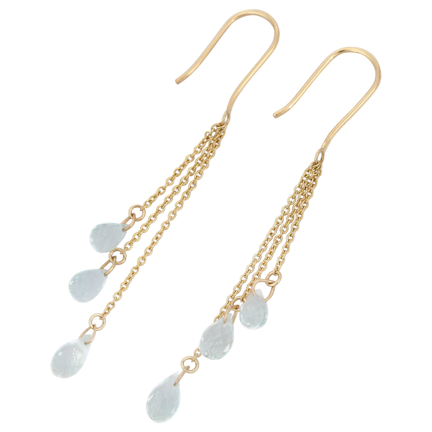 18 Karat Gelbgold Mehrschichtige Aquamarin-Ohrringe mit Kettentropfen im minimalistischen Stil