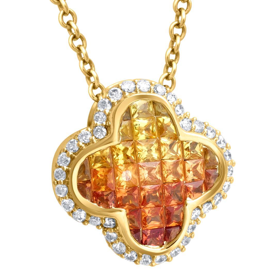 Baguette Cut 18 Karat Yellow Gold, Multi Sapphire and Diamonds Pendant for Necklace For Sale
