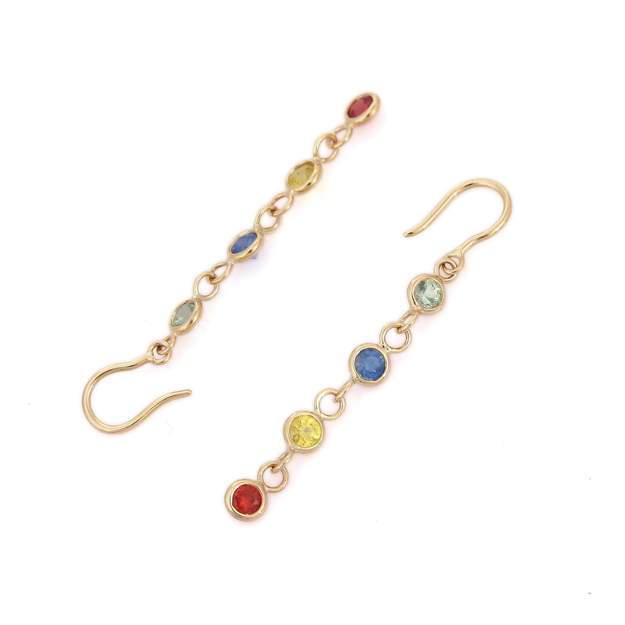 You shall need multi sapphire linear dangle earrings to make a statement with your look. These earrings create a sparkling, luxurious look featuring round cut gemstone.
If you love to gravitate towards unique styles, this piece of jewelry is perfect