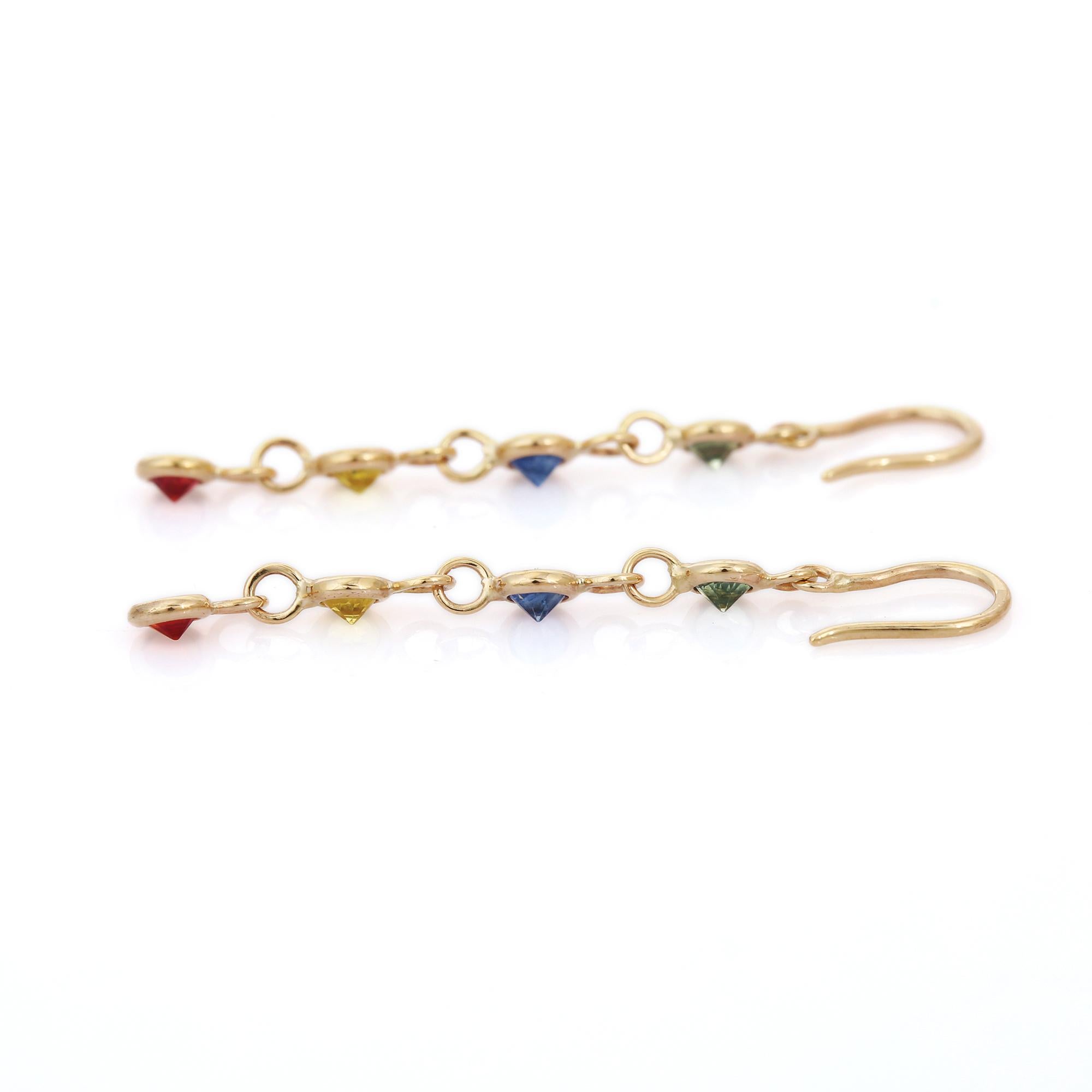 Art Deco Minimalist 18 Karat Yellow Gold Multi Sapphire Linear Dangle Chain Earrings For Sale