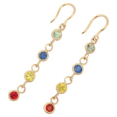 Minimalist 18 Karat Yellow Gold Multi Sapphire Linear Dangle Chain Earrings