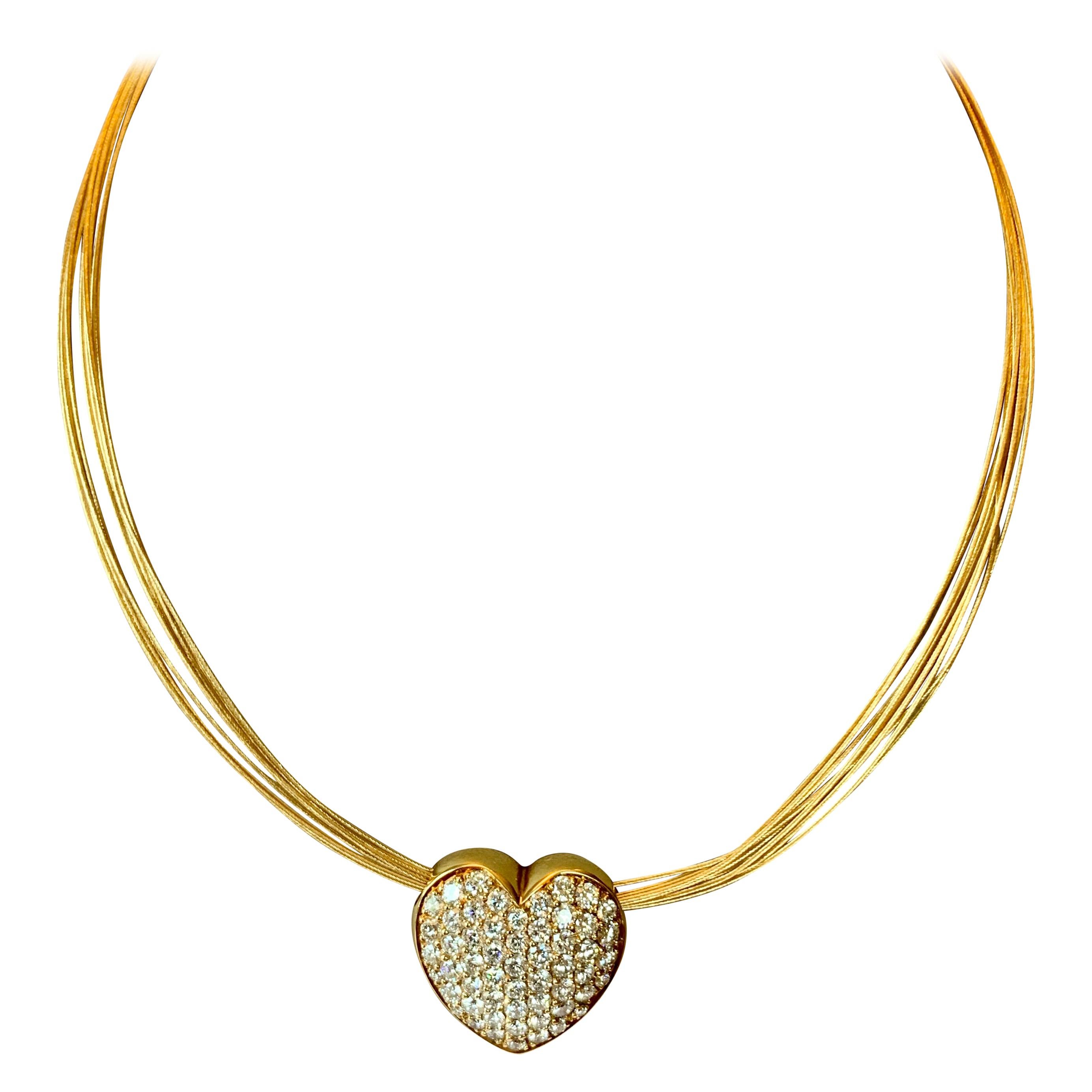 18 Karat Yellow Gold Multi-Strand Wire Necklace with Diamond Heart Pendant For Sale