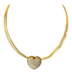 Retro 18 Karat Yellow Gold Multi-Strand Wire Necklace with Diamond Heart Pendant