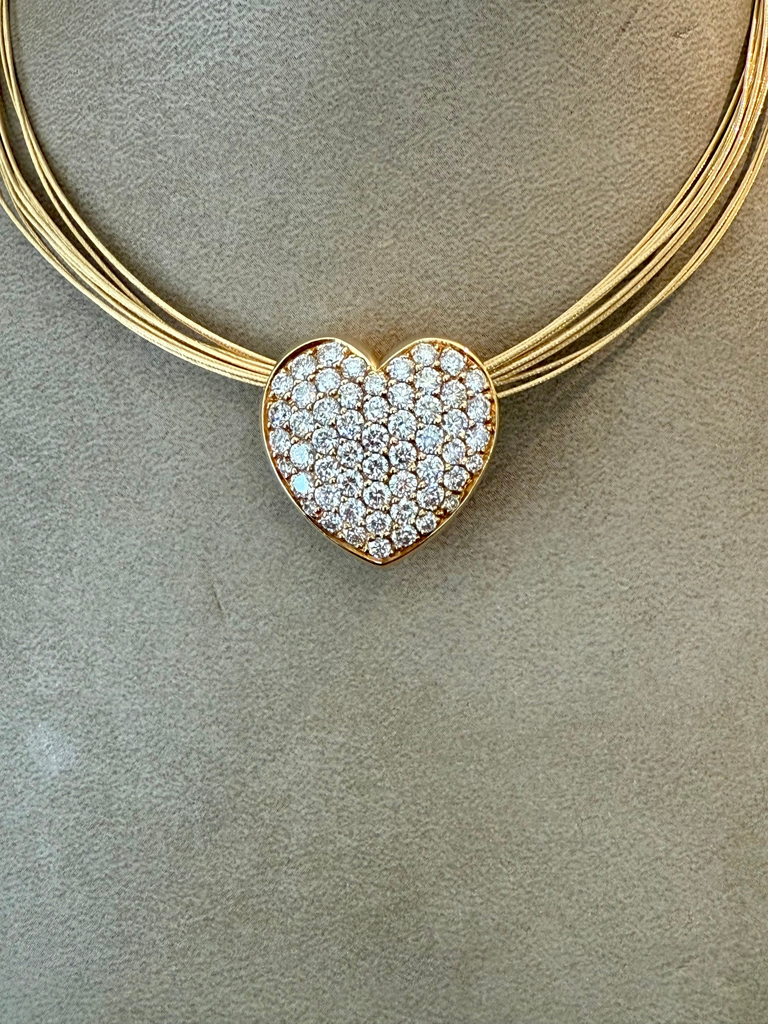 18 Karat Yellow Gold Multi-Strand Wire Necklace with Diamond Heart Pendant
