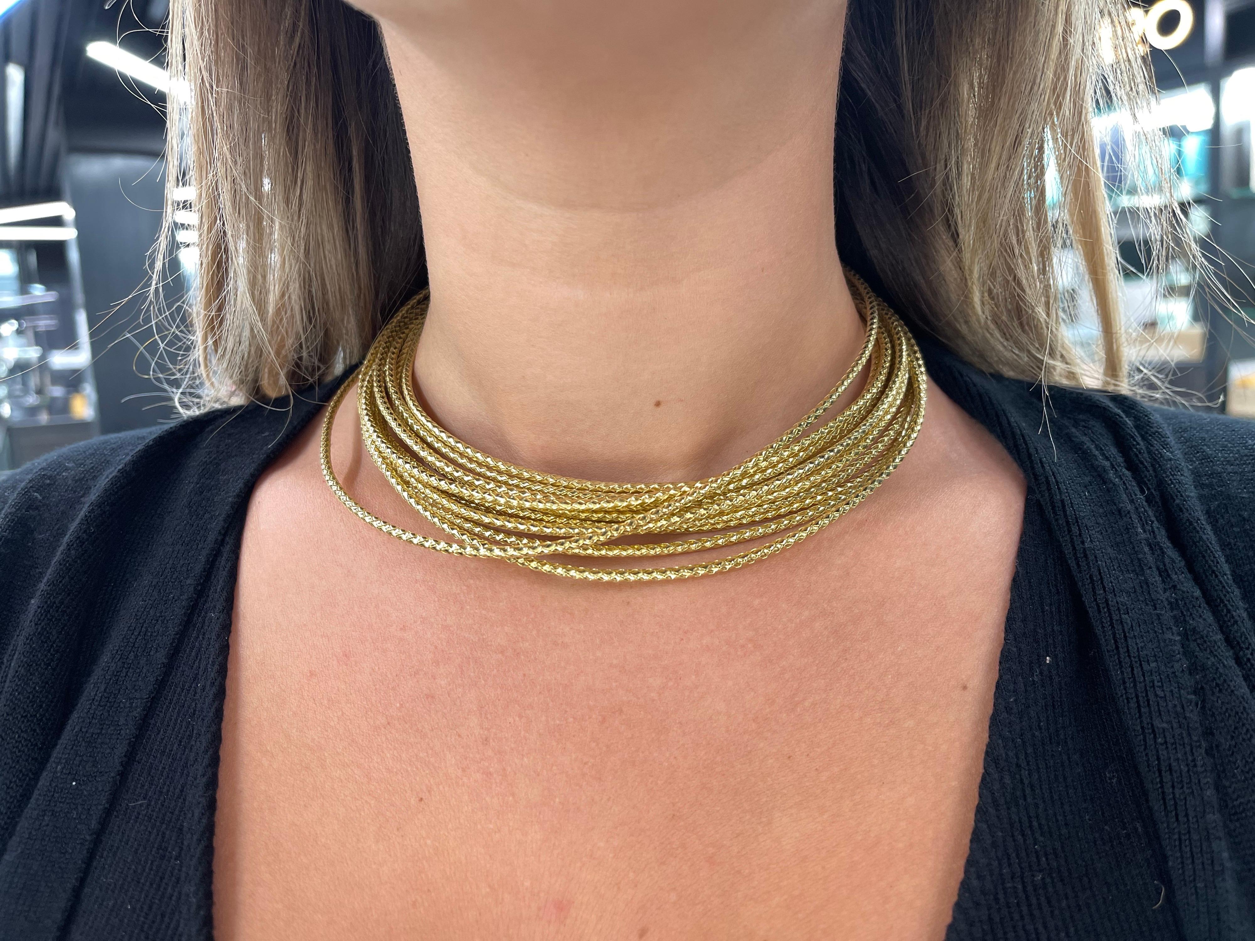 18 Karat Yellow gold necklace 13 multi textured rope weighing 161.3 grams. Stamped 750 ROMA
Very Comfortable On The Neck. 
Matching Bracelet In Stock.
