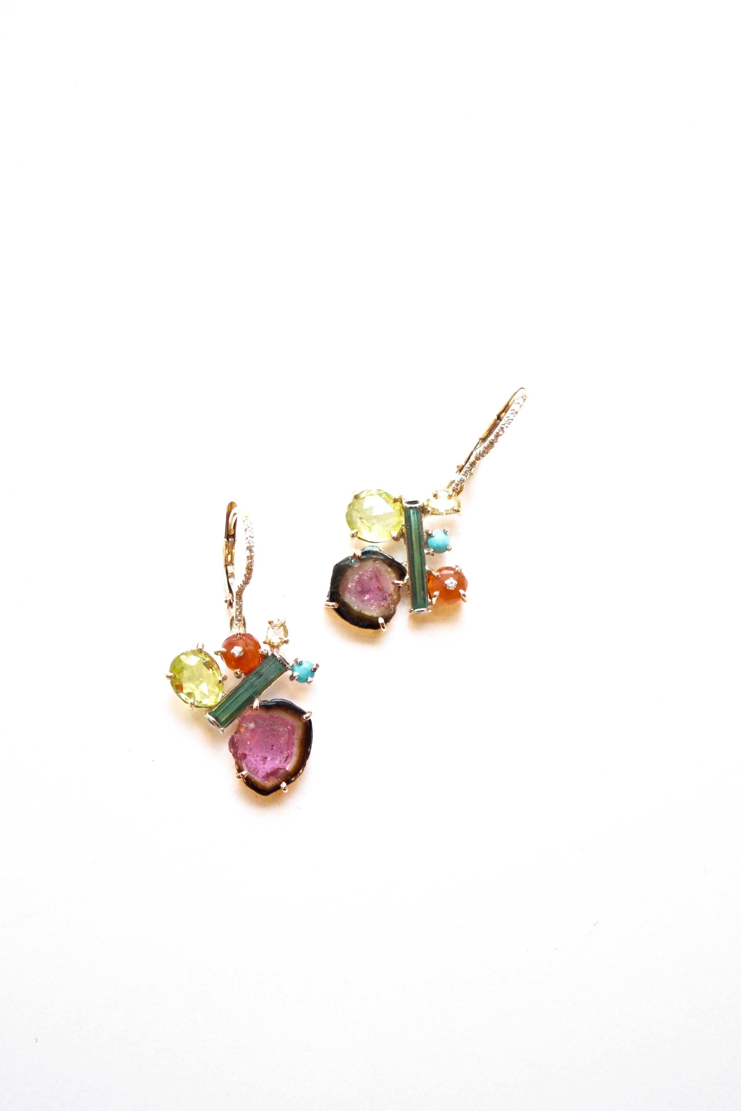 Sharon Khazzam 18K Yellow Gold Multicolored Gemstone and Diamond Penny Eardrops In New Condition For Sale In Great Neck, NY