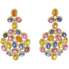 18 Karat Yellow Gold Multicolored Sapphires and Diamond Chandelier Earrings