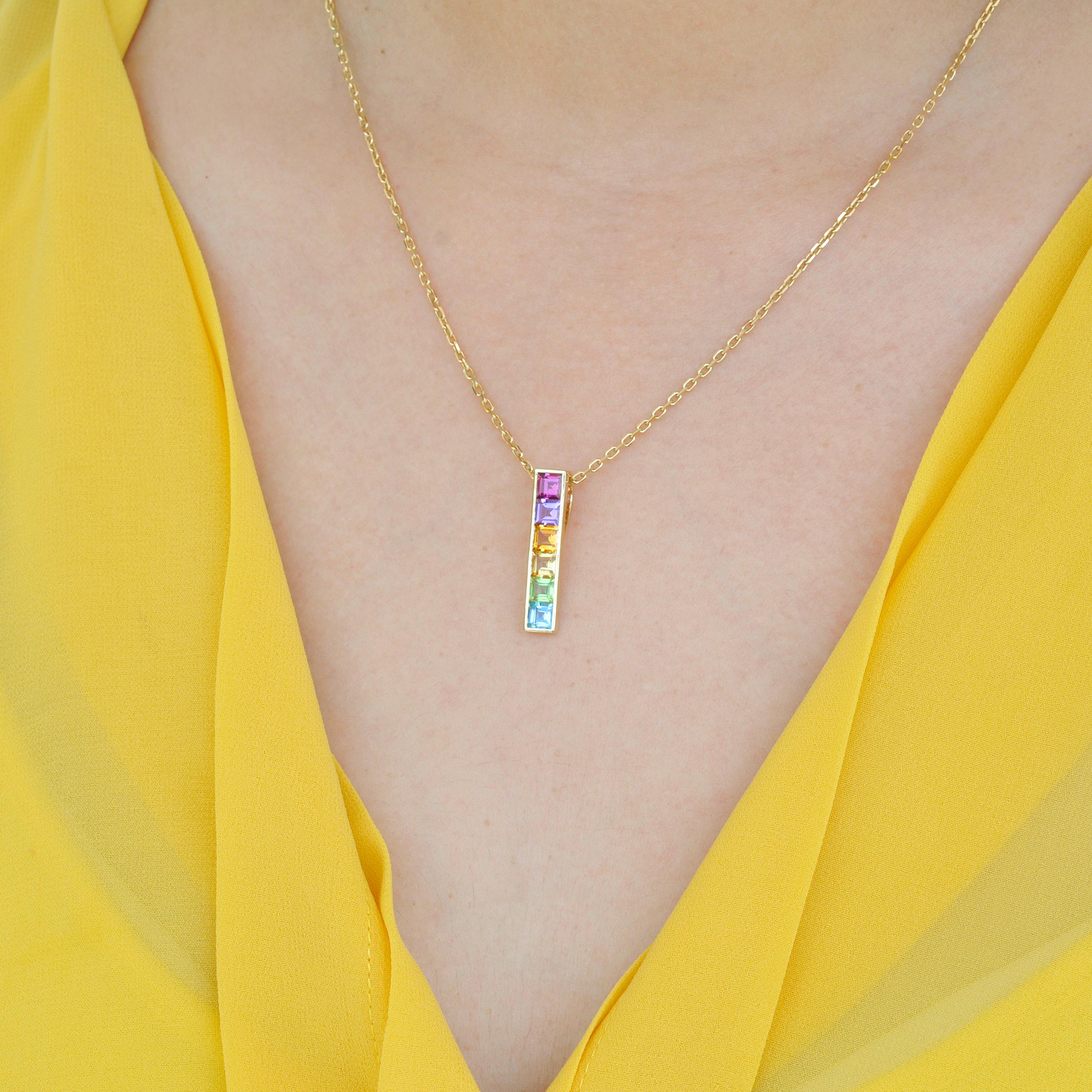 18 Karat Yellow Gold Multicolour Linear Rainbow Bar Pendant Necklace For Sale 6