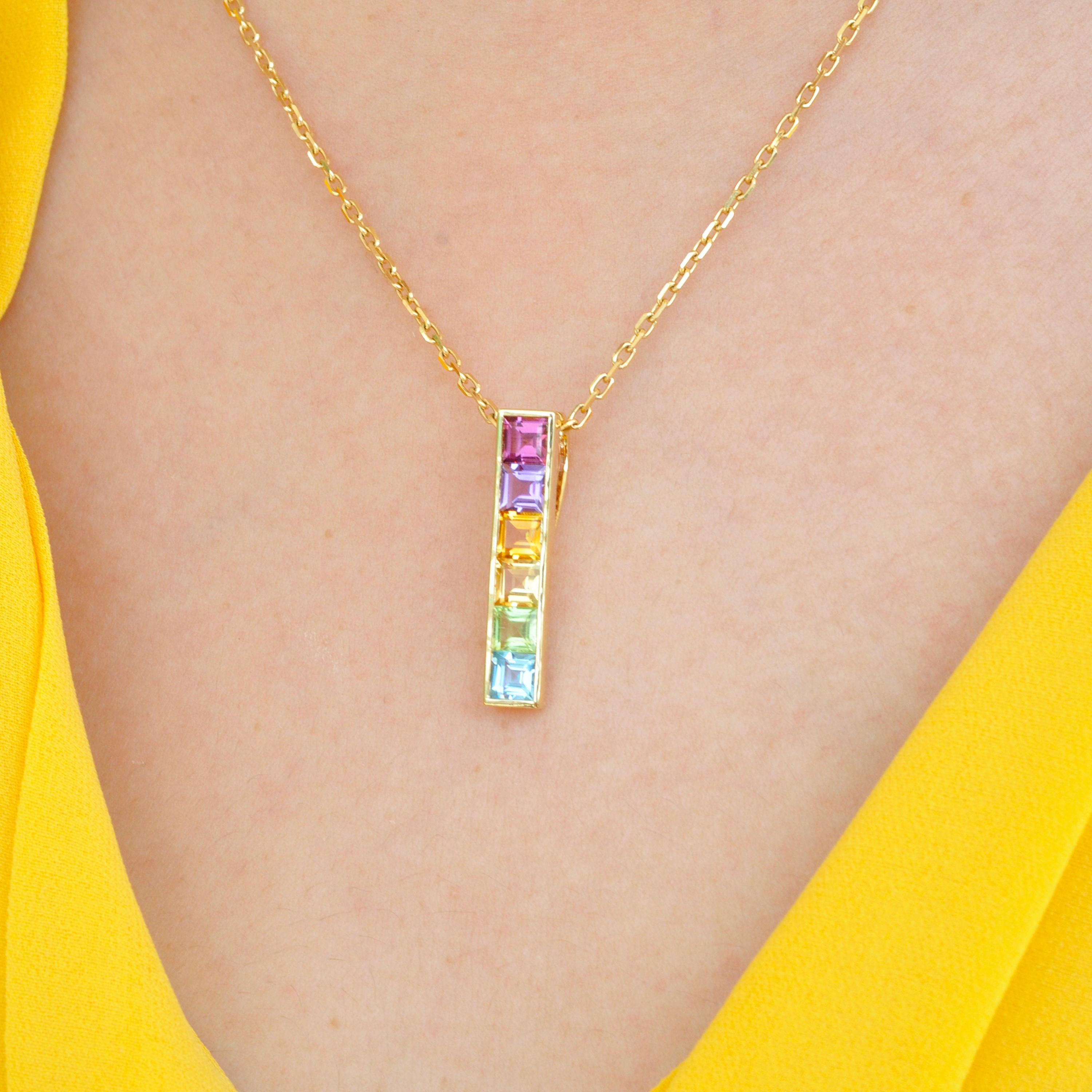 18 Karat Yellow Gold Multicolour Linear Rainbow Bar Pendant Necklace For Sale 9