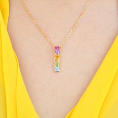 14 Karat Gelbgold Multicolour Linear Rainbow Bar Anhänger Halskette