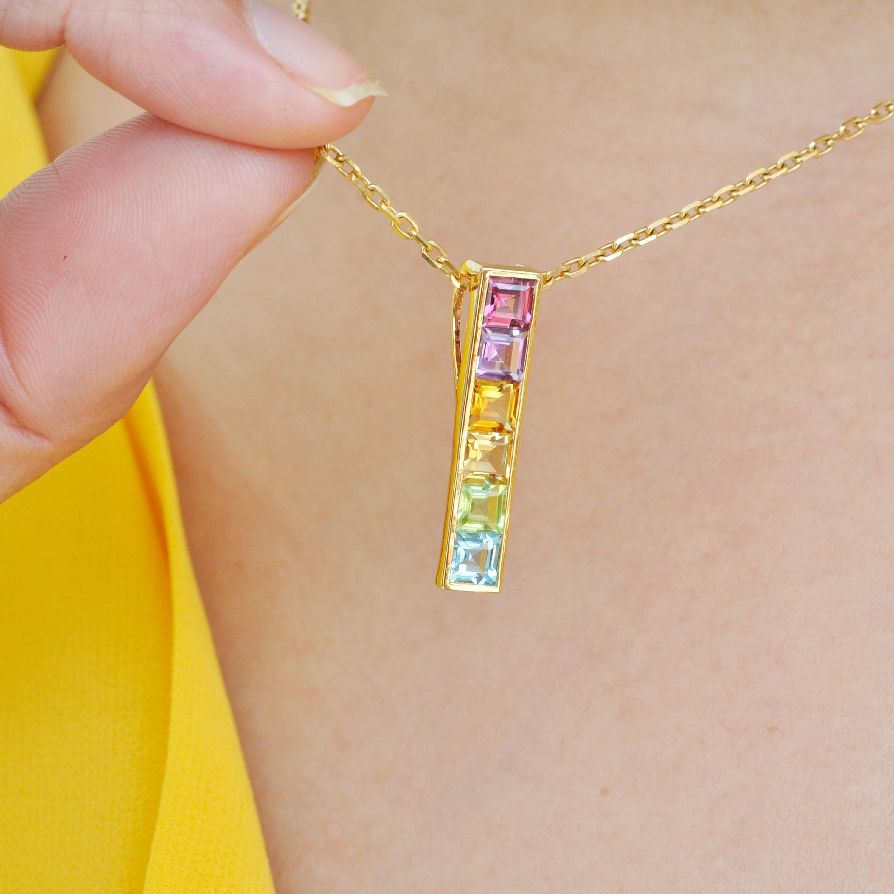 Square Cut 18 Karat Yellow Gold Multicolour Linear Rainbow Bar Pendant Necklace For Sale