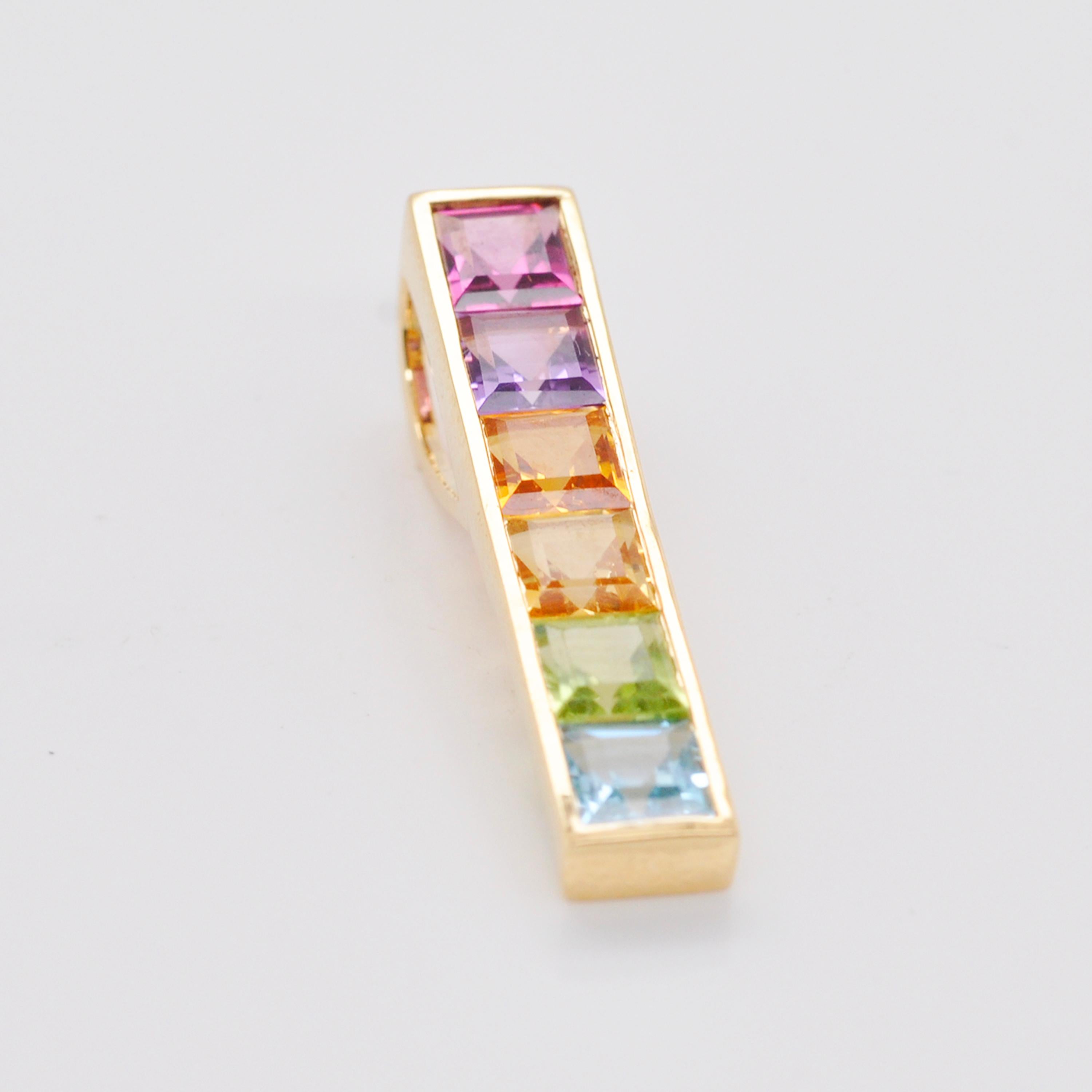 Square Cut 18 Karat Yellow Gold Multicolour Linear Rainbow Bar Pendant Necklace For Sale