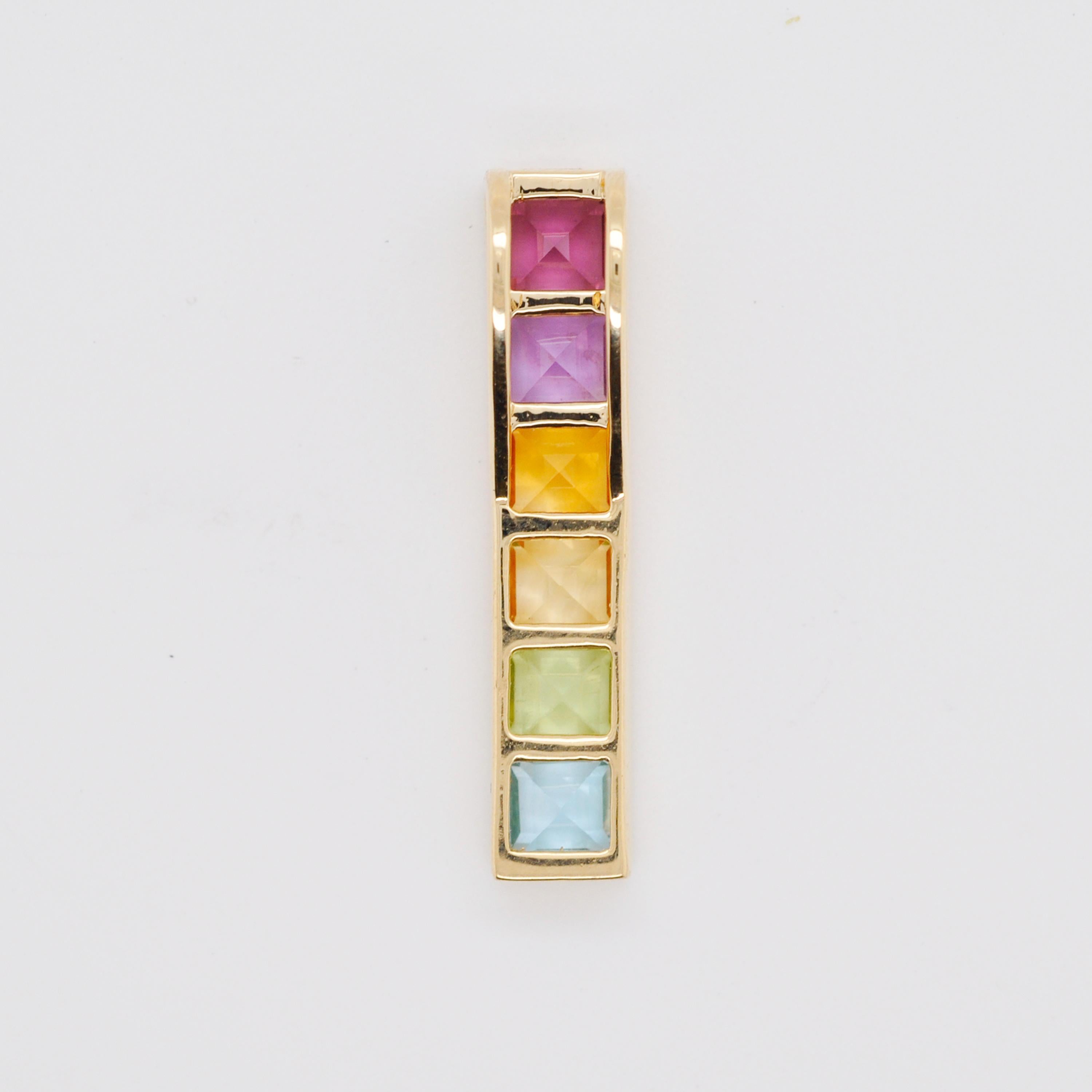 Women's or Men's 18 Karat Yellow Gold Multicolour Linear Rainbow Bar Pendant Necklace For Sale