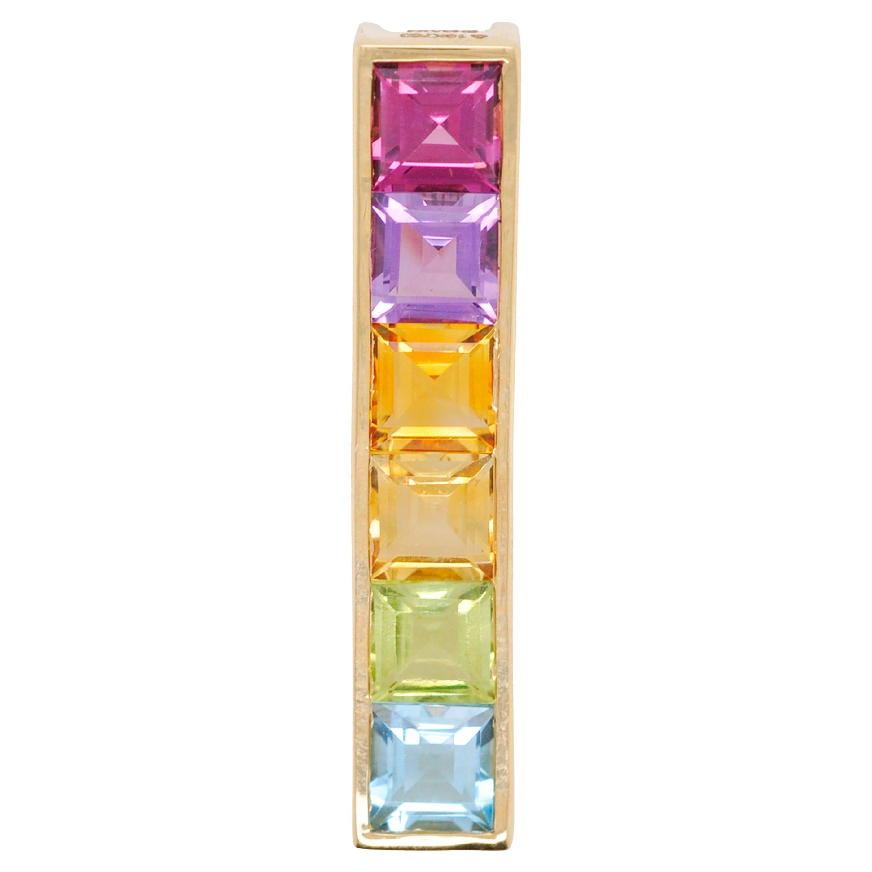 18 Karat Yellow Gold Multicolour Linear Rainbow Bar Pendant Necklace For Sale