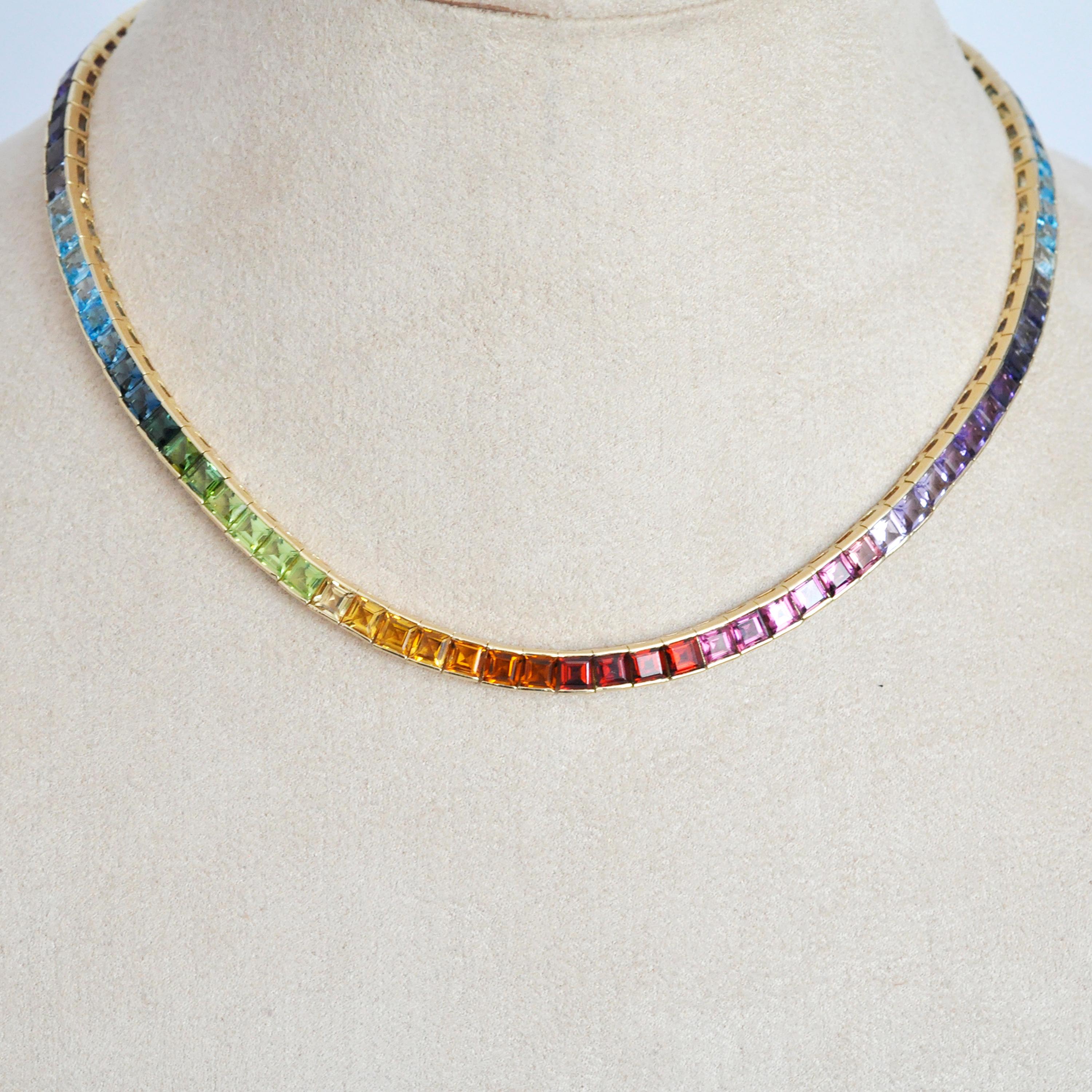 18 Karat Gelbgold Mehrfarbige Regenbogen-Halskette mit natürlichen Edelsteinen (Zeitgenössisch) im Angebot