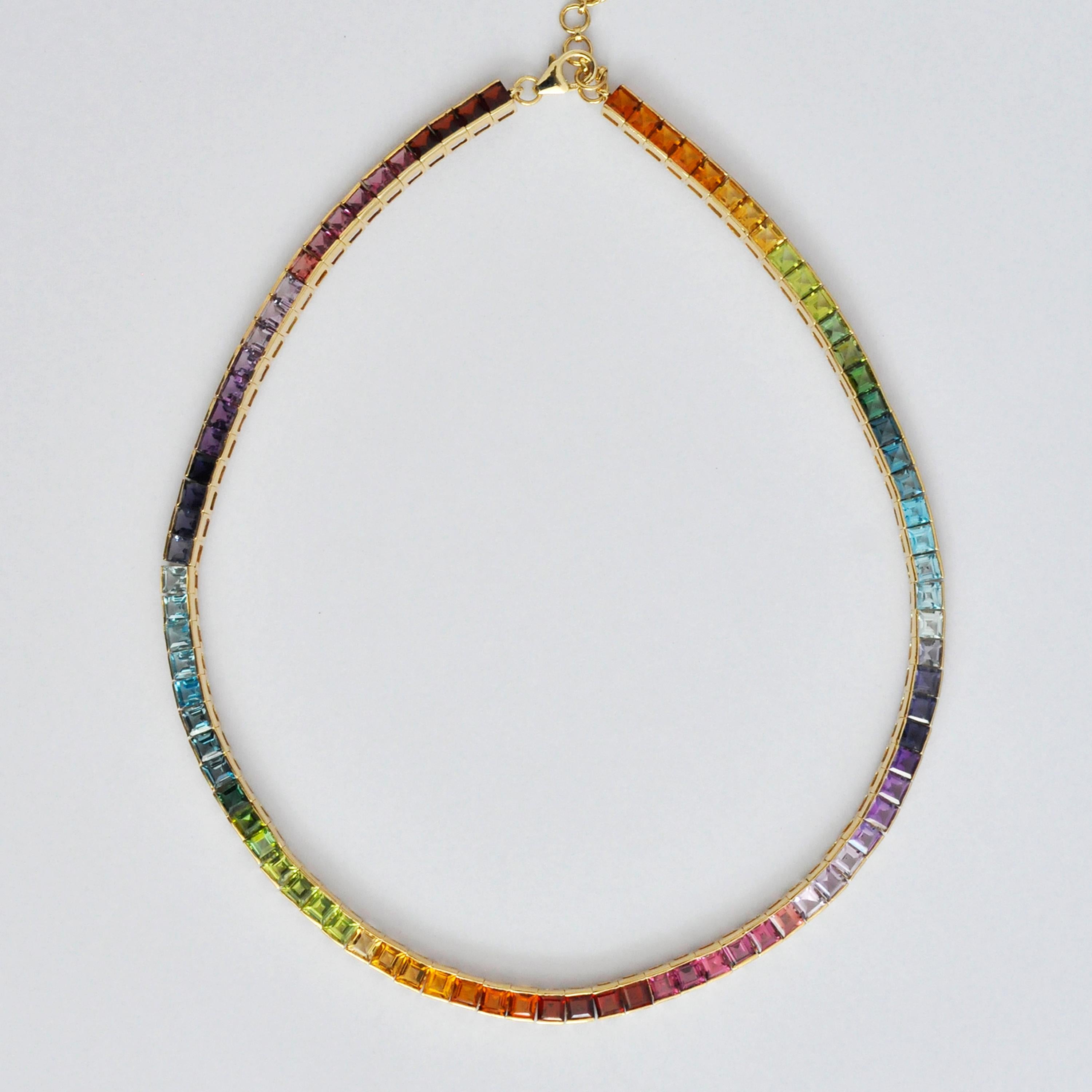 Contemporary 18 Karat Yellow Gold Multicolour Rainbow Natural Gemstone Tennis Line Necklace For Sale