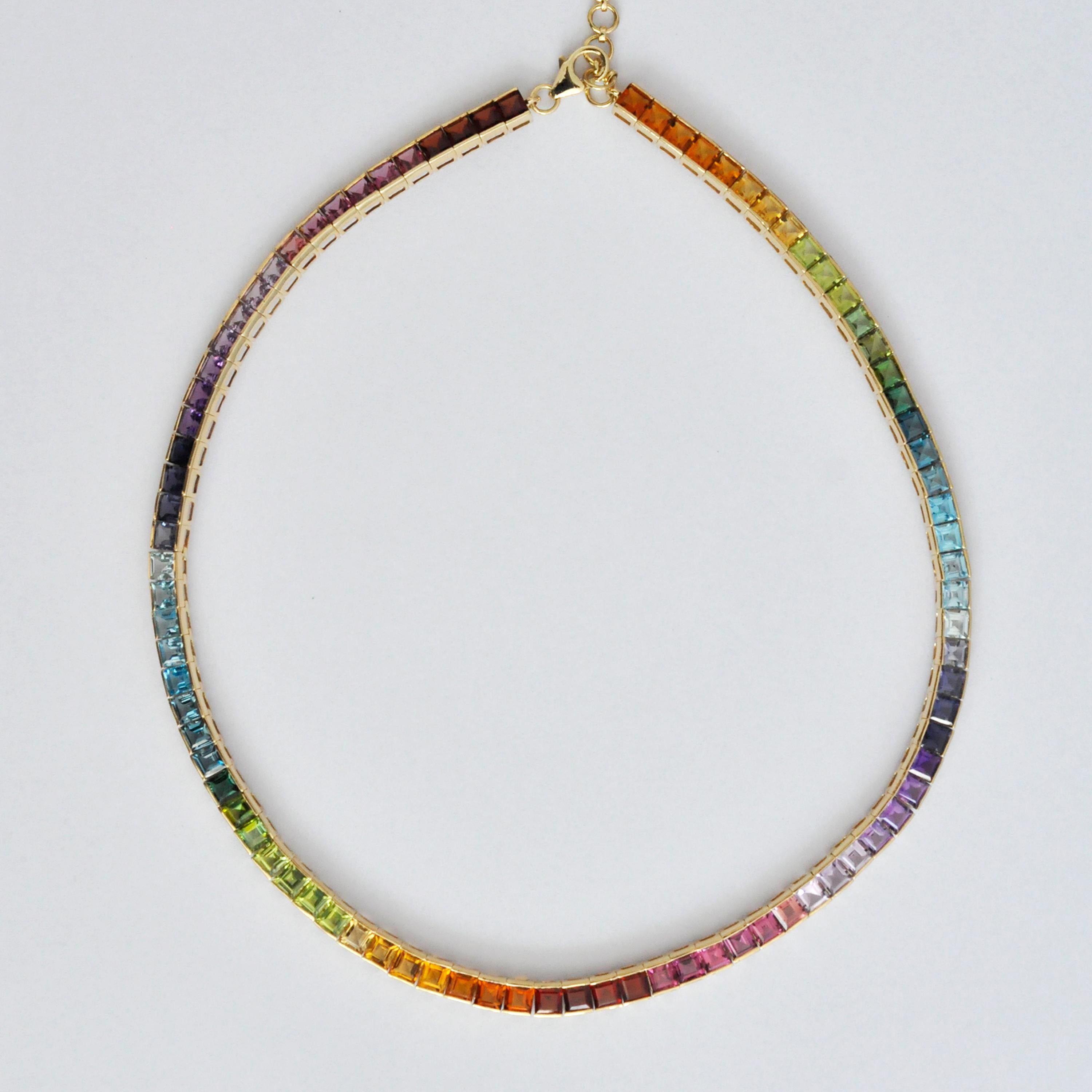 18 Karat Gelbgold Mehrfarbige Regenbogen-Halskette mit natürlichen Edelsteinen im Angebot 1