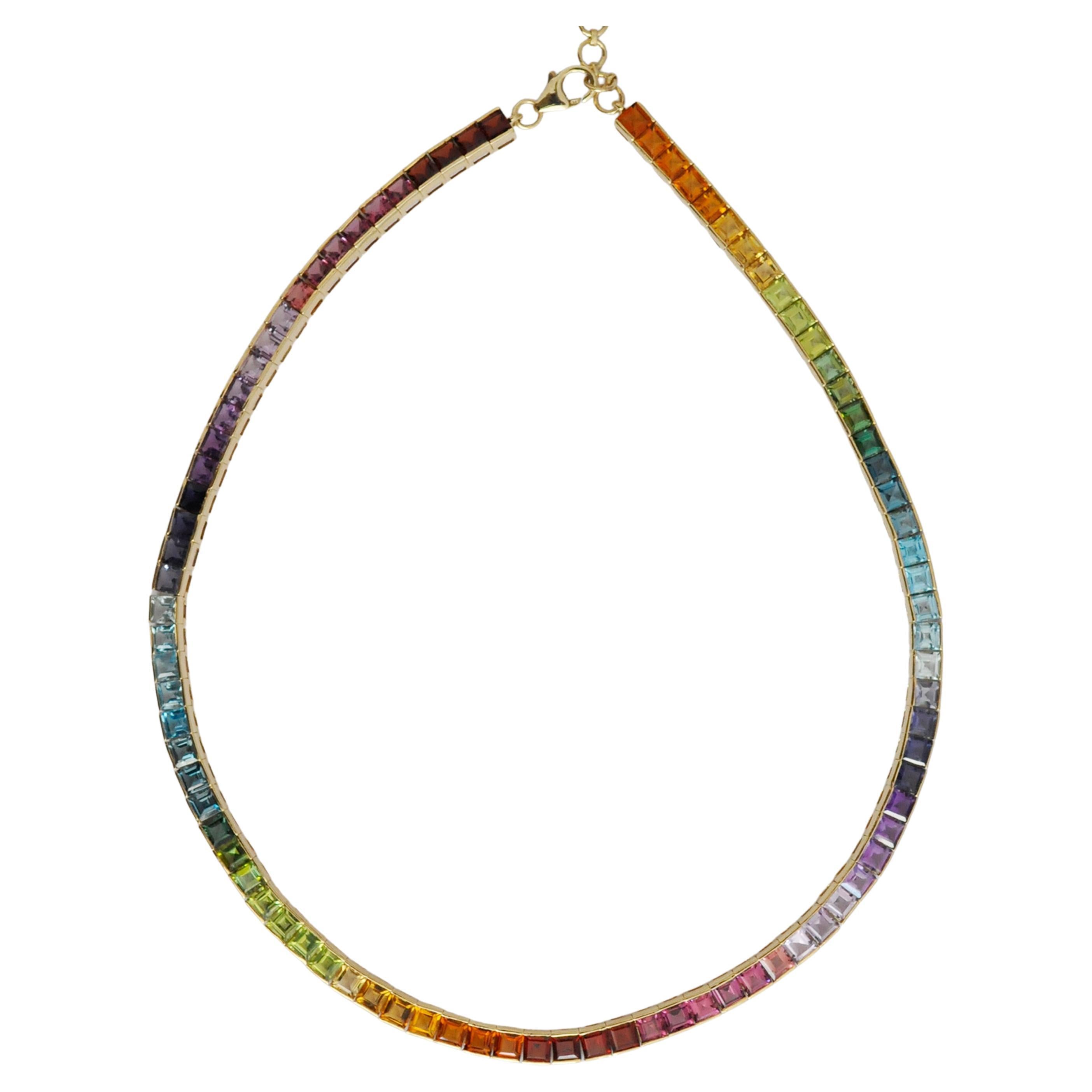 18 Karat Yellow Gold Multicolour Rainbow Natural Gemstone Tennis Line Necklace For Sale