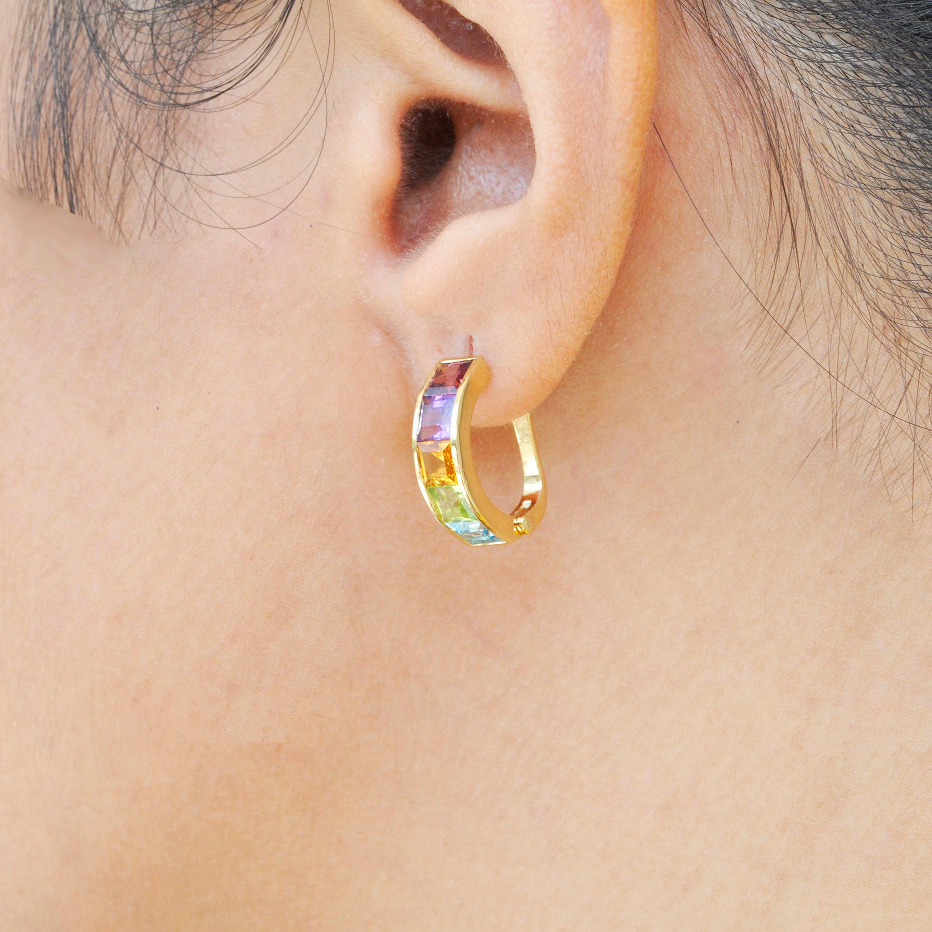 18 Karat Yellow Gold Multicolour Step Cut Gemstones Linear Rainbow Hoop Earrings For Sale 3