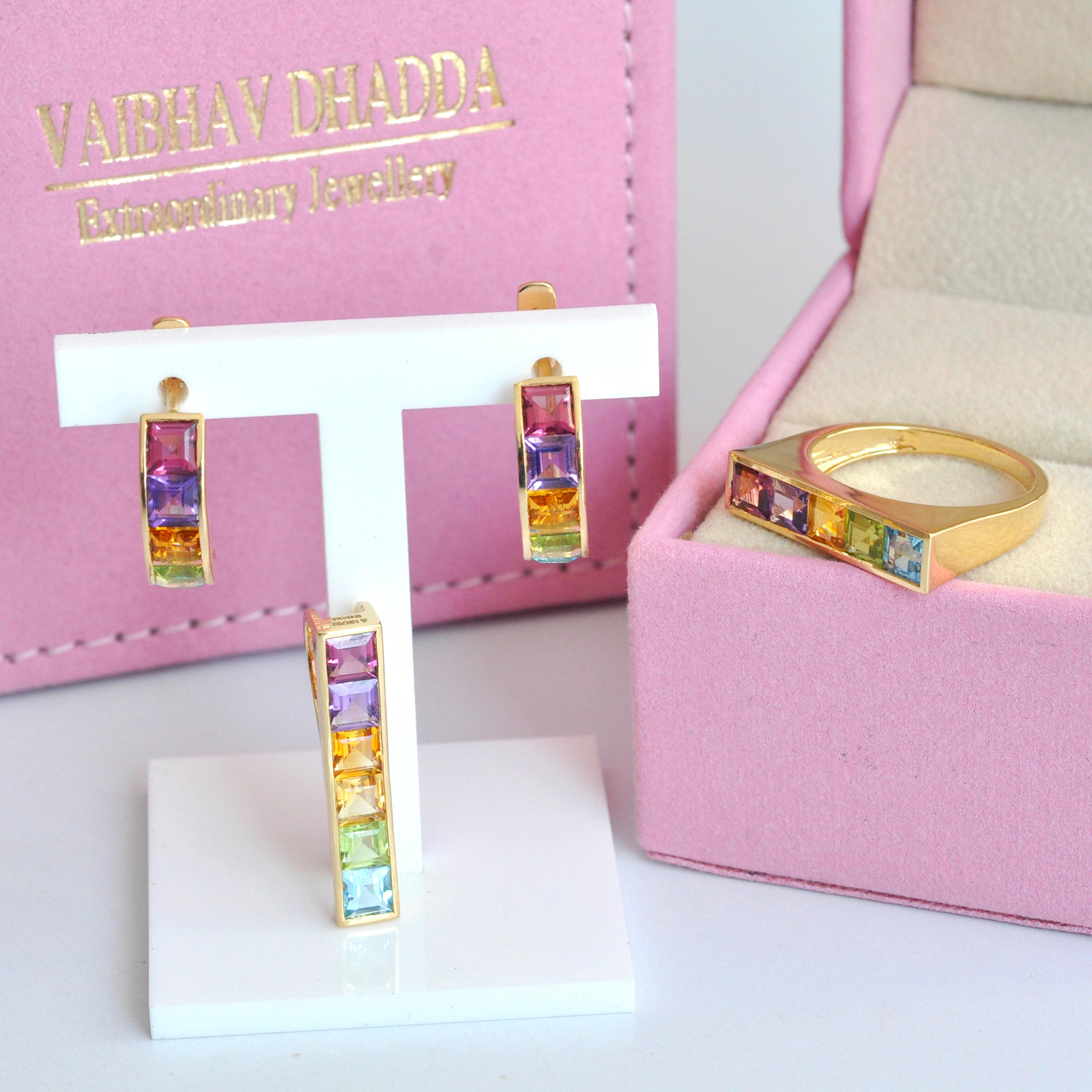 18 Karat Yellow Gold Multicolour Step Cut Gemstones Linear Rainbow Hoop Earrings For Sale 4