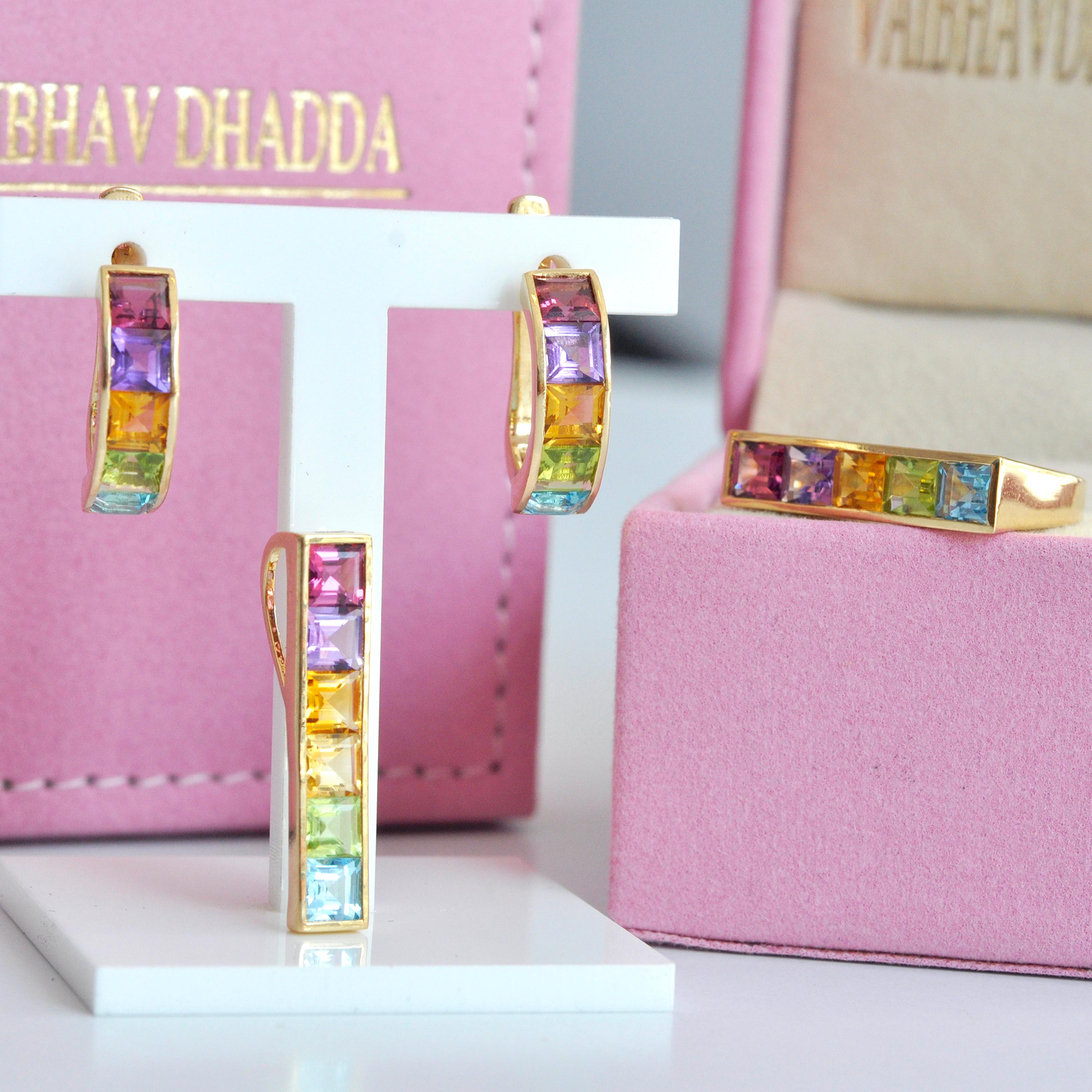 18 Karat Yellow Gold Multicolour Step Cut Gemstones Linear Rainbow Hoop Earrings For Sale 5